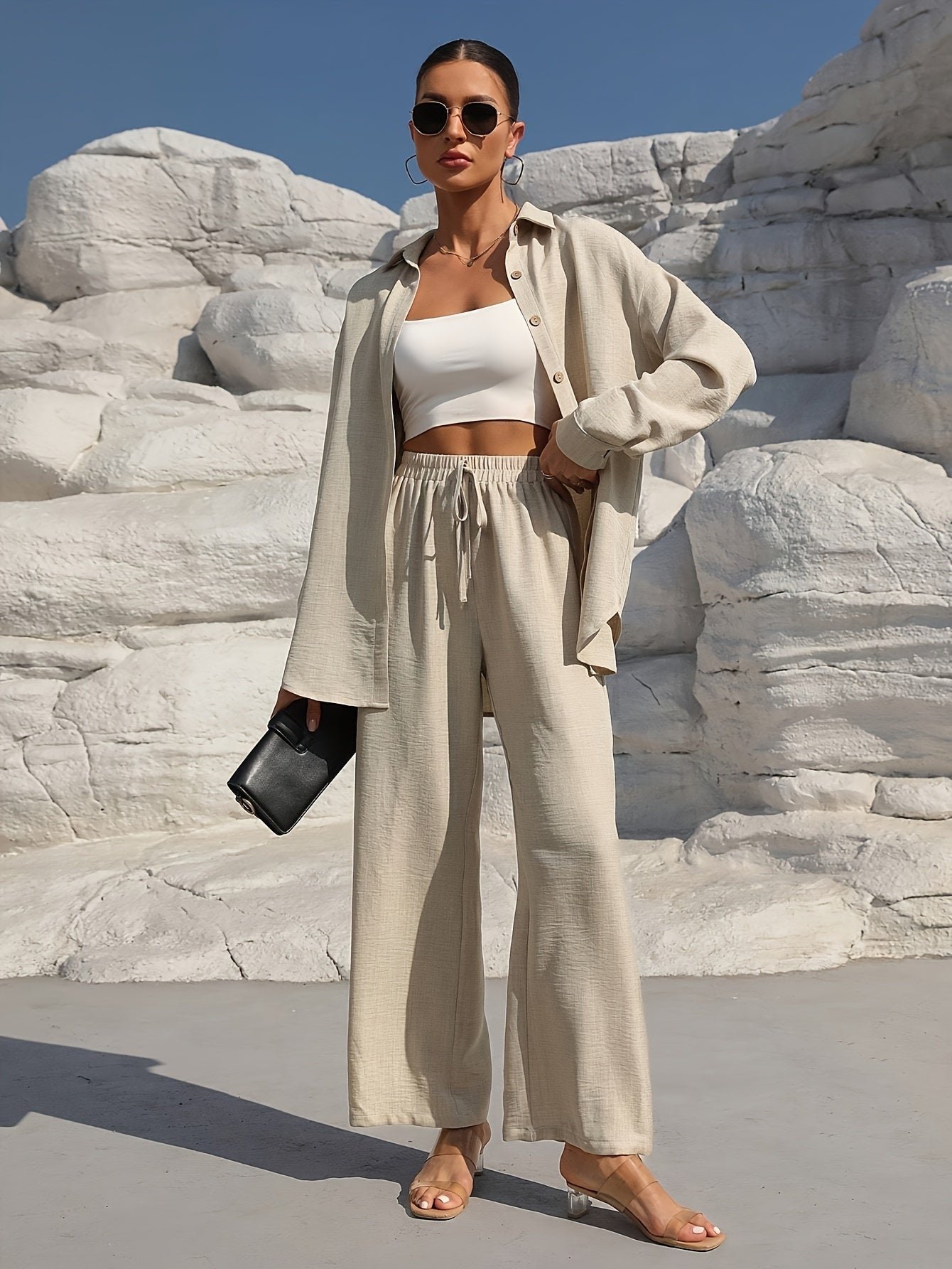 Solid Color Casual Pantsuits, Single-breasted Long Sleeve Collared Blouse & Tie Elastic Waist Pants Outfits, Women's Clothing