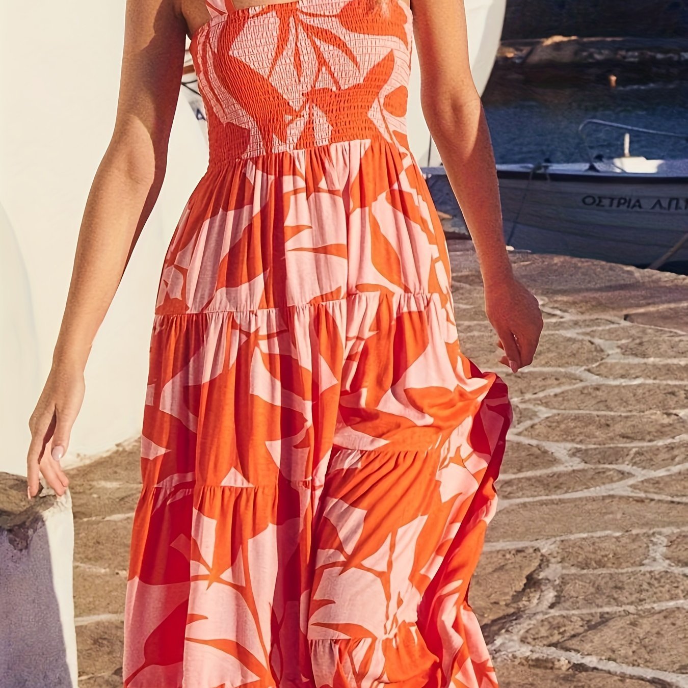 Shirred Tie Shoulder Ruffle Hem Dress, Vacation Sleeveless Cami Dress For Spring & Summer, Women's Clothing