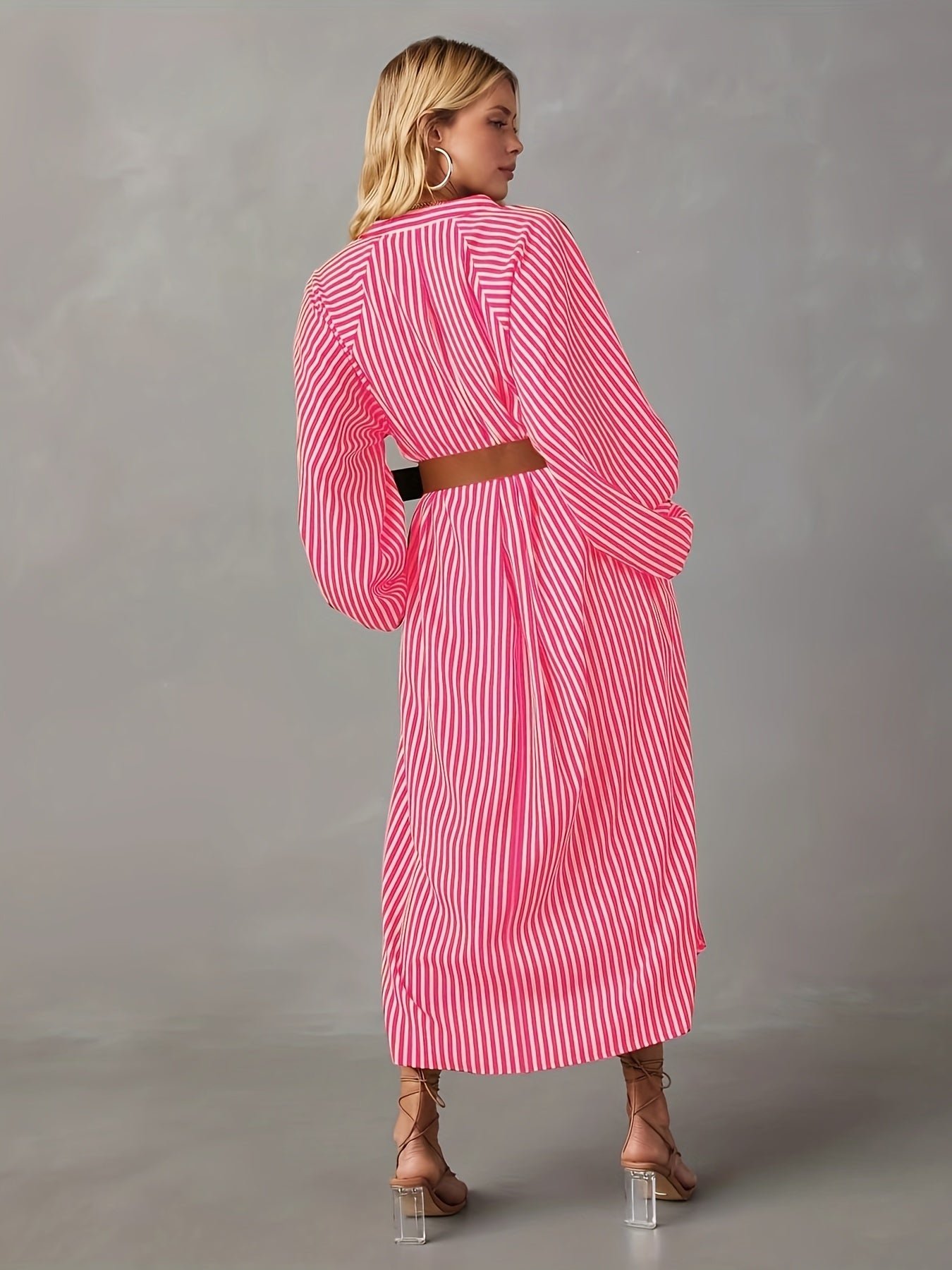 Striped Print Lantern Sleeve Dress, Stylish Notch Neck Dress For Spring & Fall, Women's Clothing