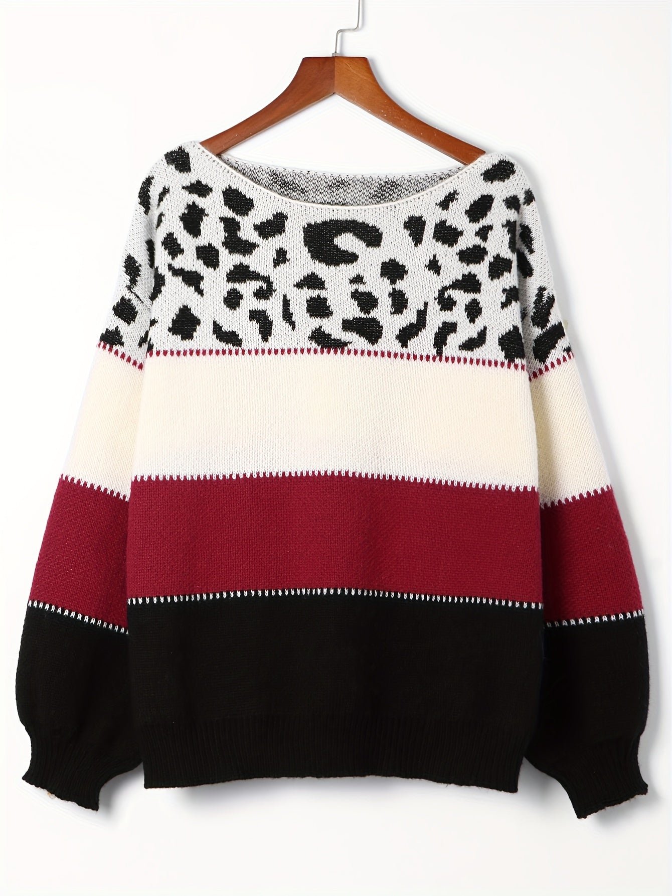 f6fe076ac6846960ec4abb6a43a3fa2e Stylish Color Block Leopard Print Sweater, Crew Neck Long Sleeve Sweater, Casual Tops For Fall & Winter, Women's Clothing