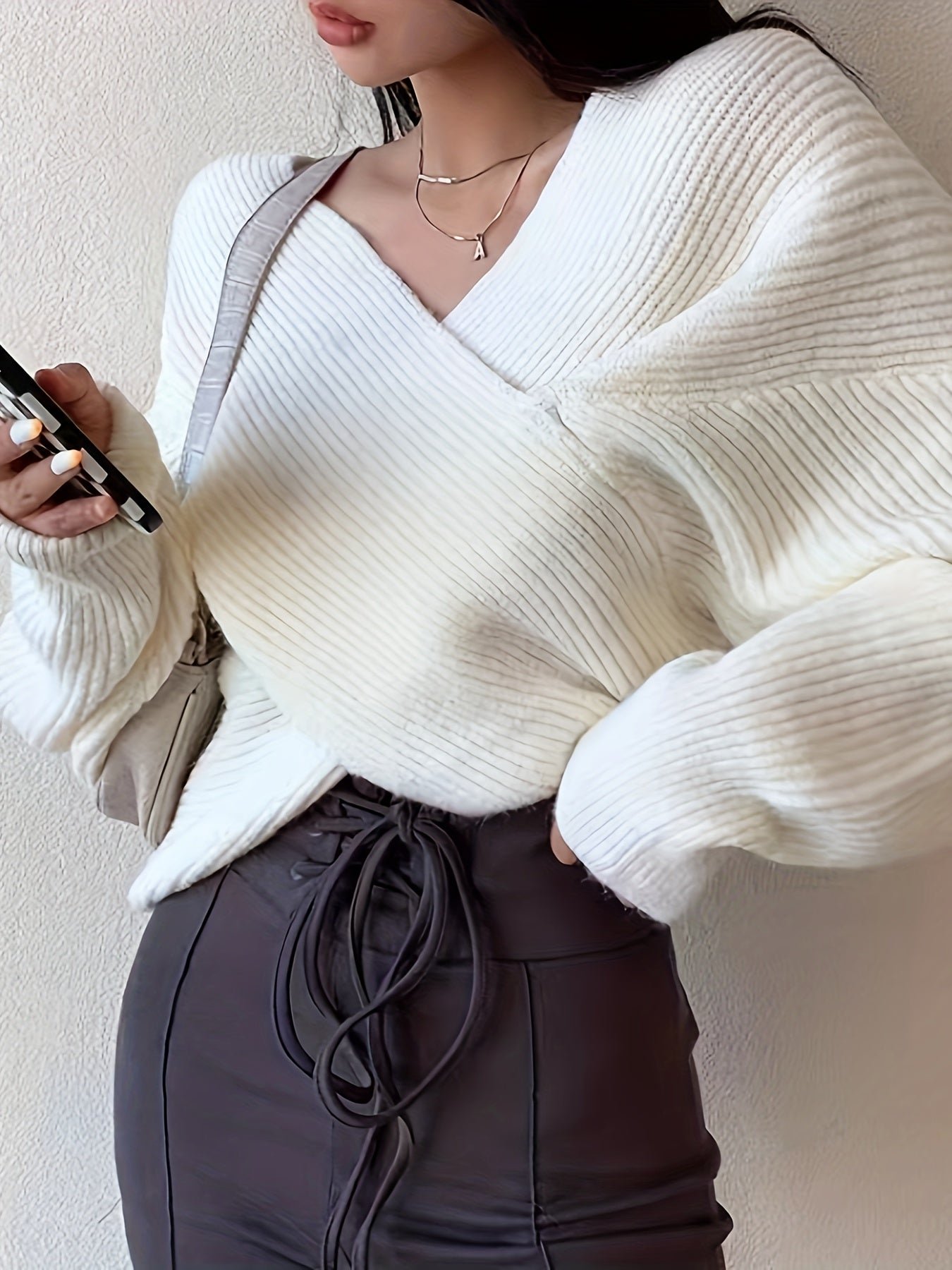 Rib-knit V Neck Loose Sweater, Elegant Long Sleeve Sweater For Fall & Winter, Women's Clothing