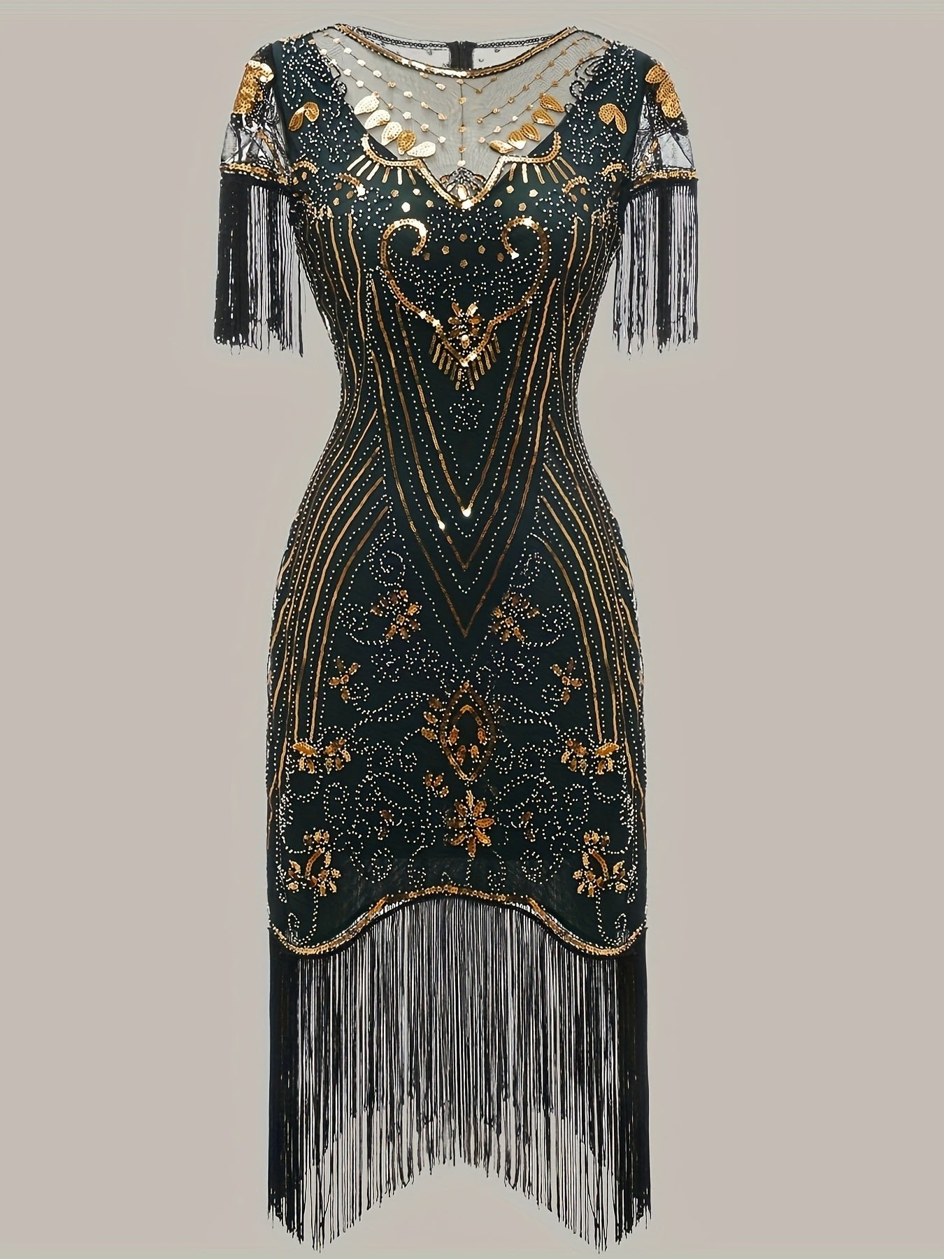 fab915e0-c3c5-4eb8-8b71-20bea6b7ac11-1 Tassel Sequined V Neck Dress, Elegant Crew Neck Short Sleeve Dress For Party & Banquet, Women's Clothing