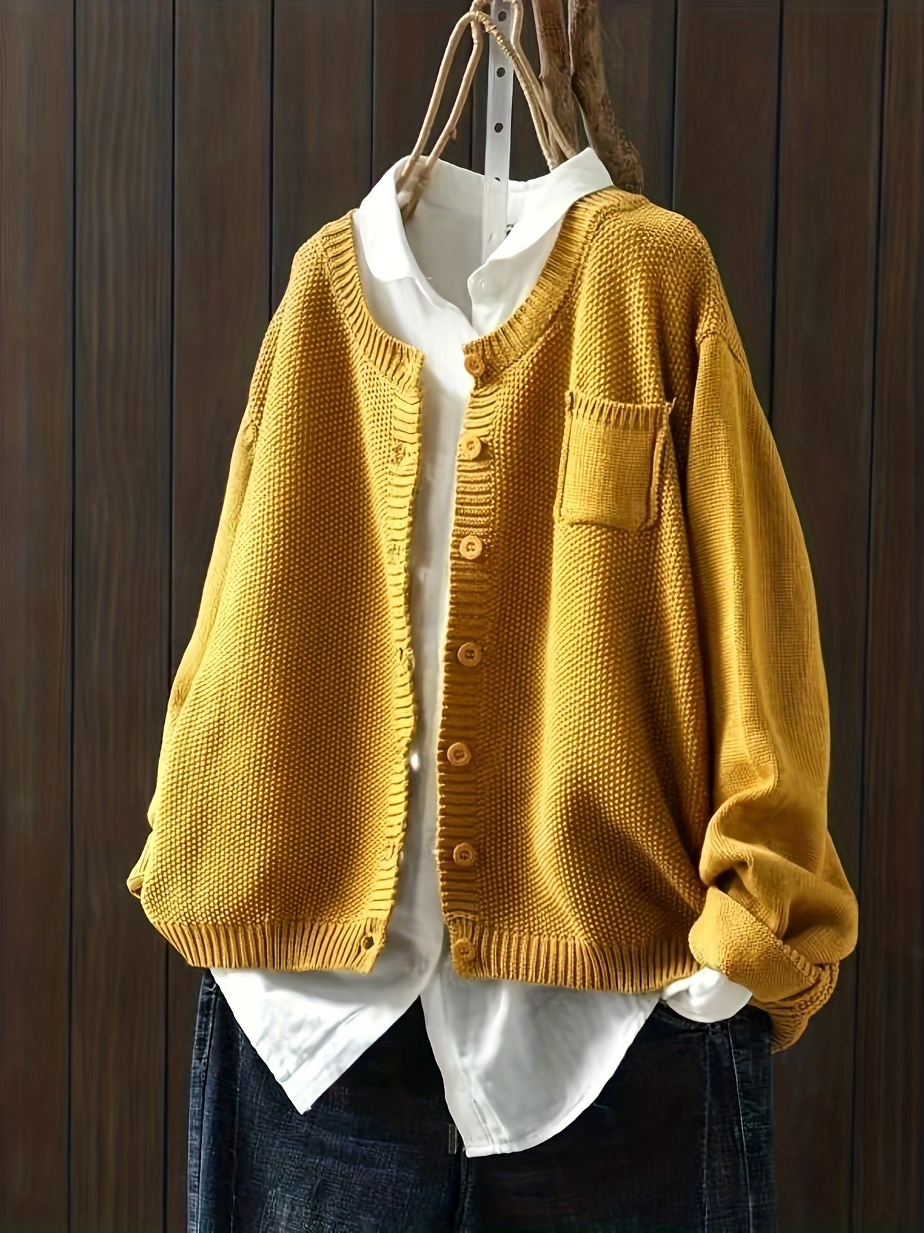 fd311afa0a5fd95fb1d7f1efab95f697-1 Solid Button Front Knit Cardigan, Casual Long Sleeve Loose Sweater With Pocket, Women's Clothing