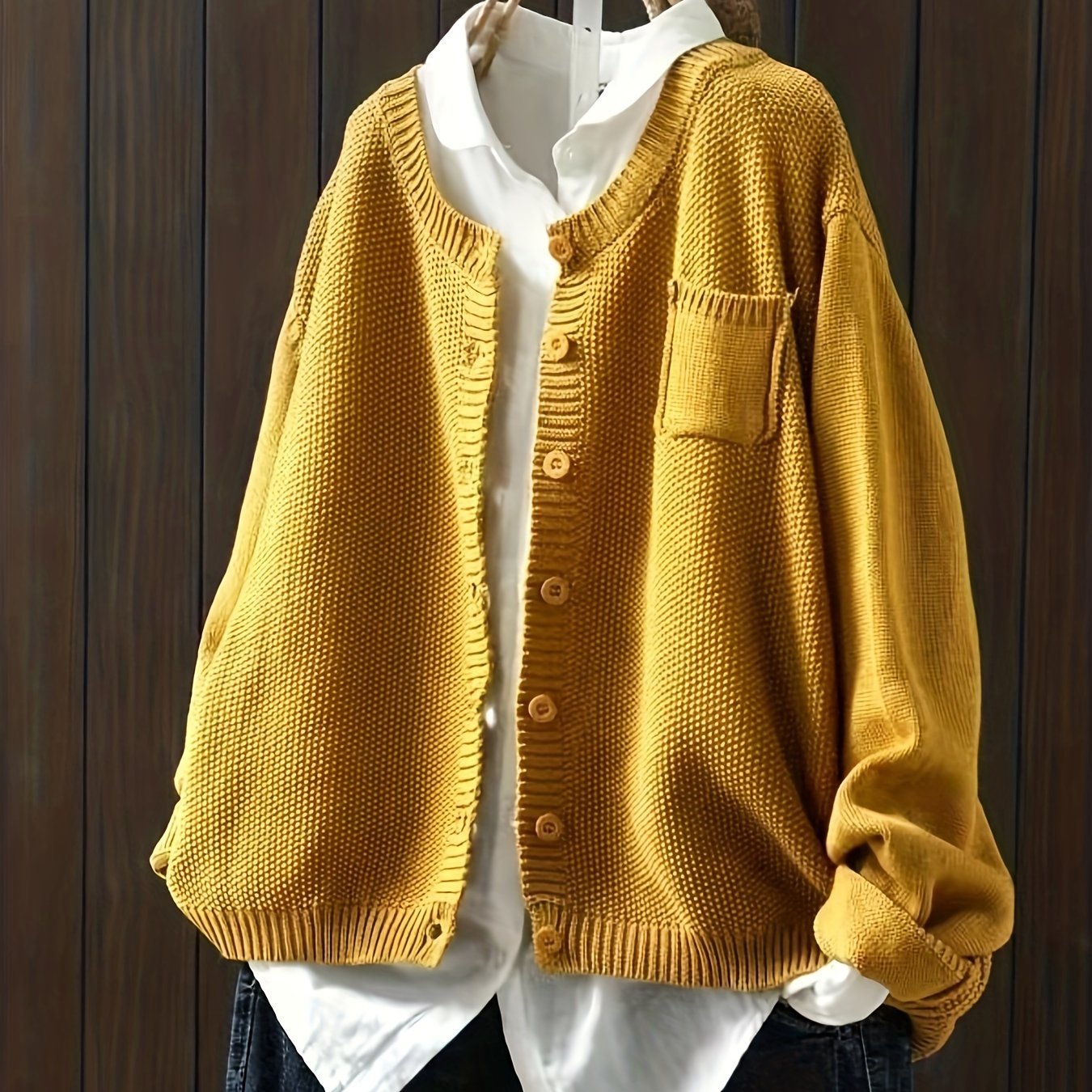 Solid Button Front Knit Cardigan, Casual Long Sleeve Loose Sweater With Pocket, Women's Clothing
