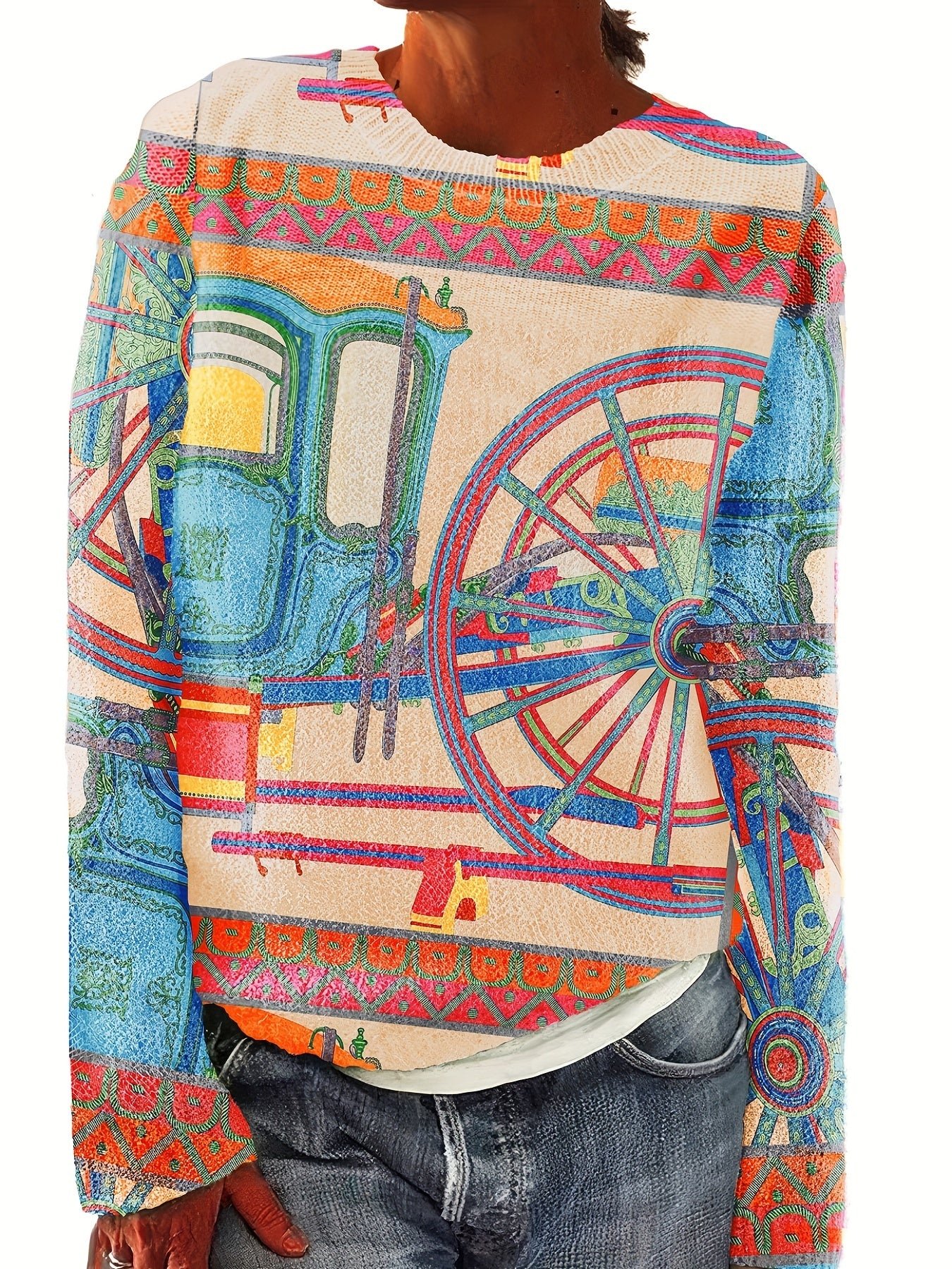 ff87a139ac88b08ffe53c9bcb887f89d-1 Cartoon Pattern Thin Pullover Sweater, Casual Crew Neck Long Sleeve Loose Sweater, Women's Clothing