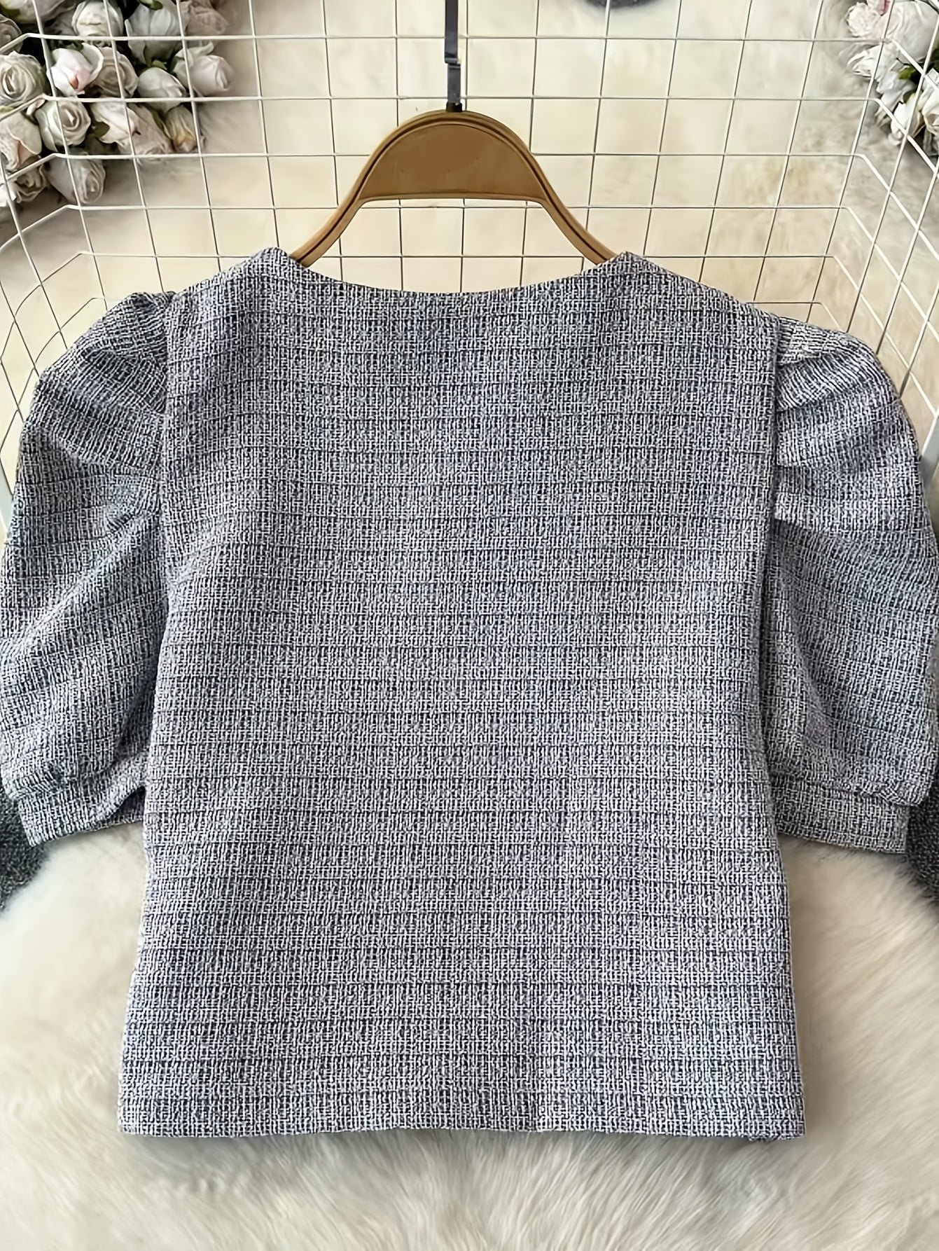 Puff Sleeve Square Neck Jacket, Elegant Button Front Jacket For Spring & Fall, Women's Clothing