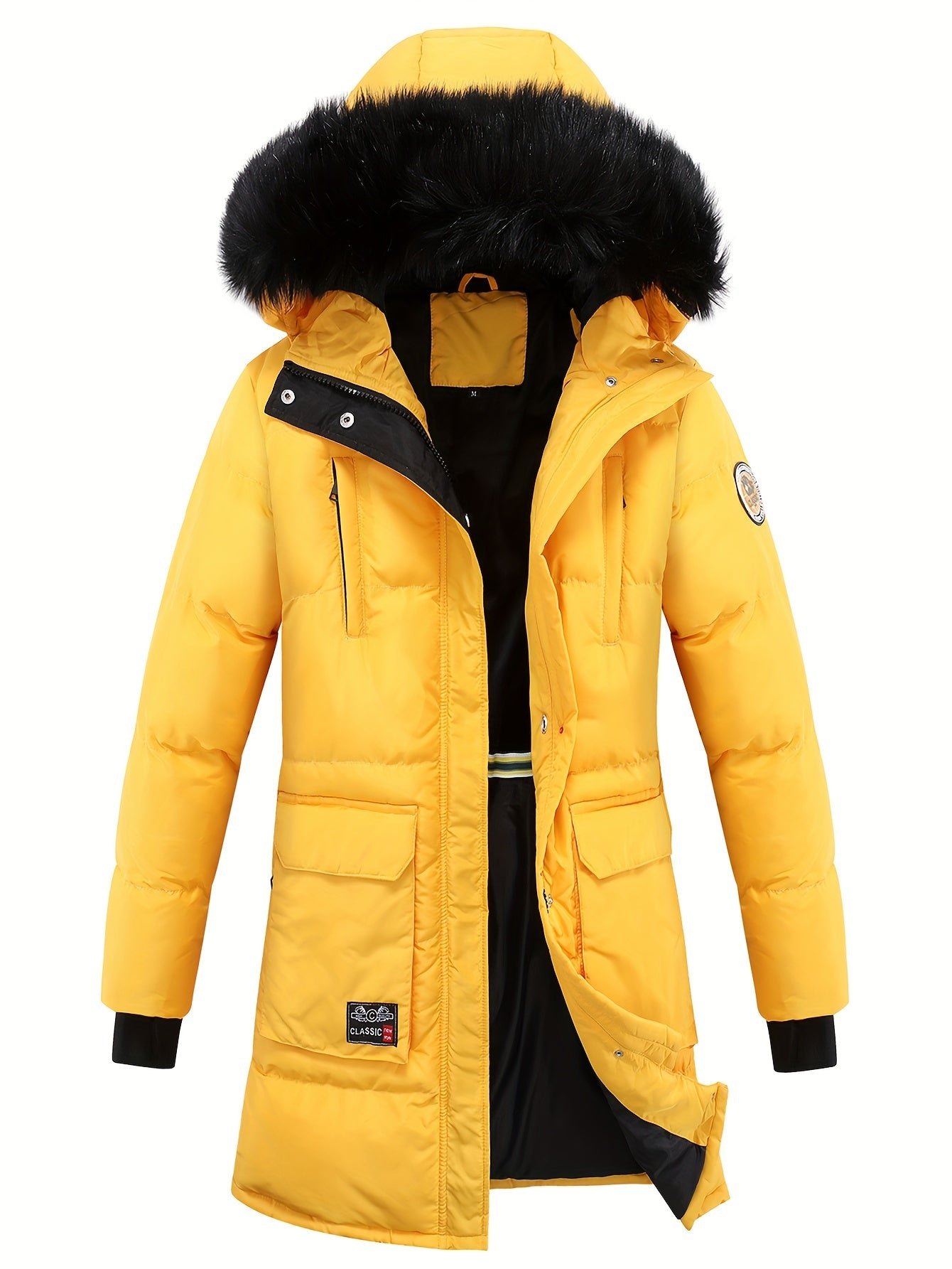 Women's Winter Puffer Jacket, Faux Fur Collar Hooded Coat, Zip-up Snap Button Windproof Thermal Casual Jacket