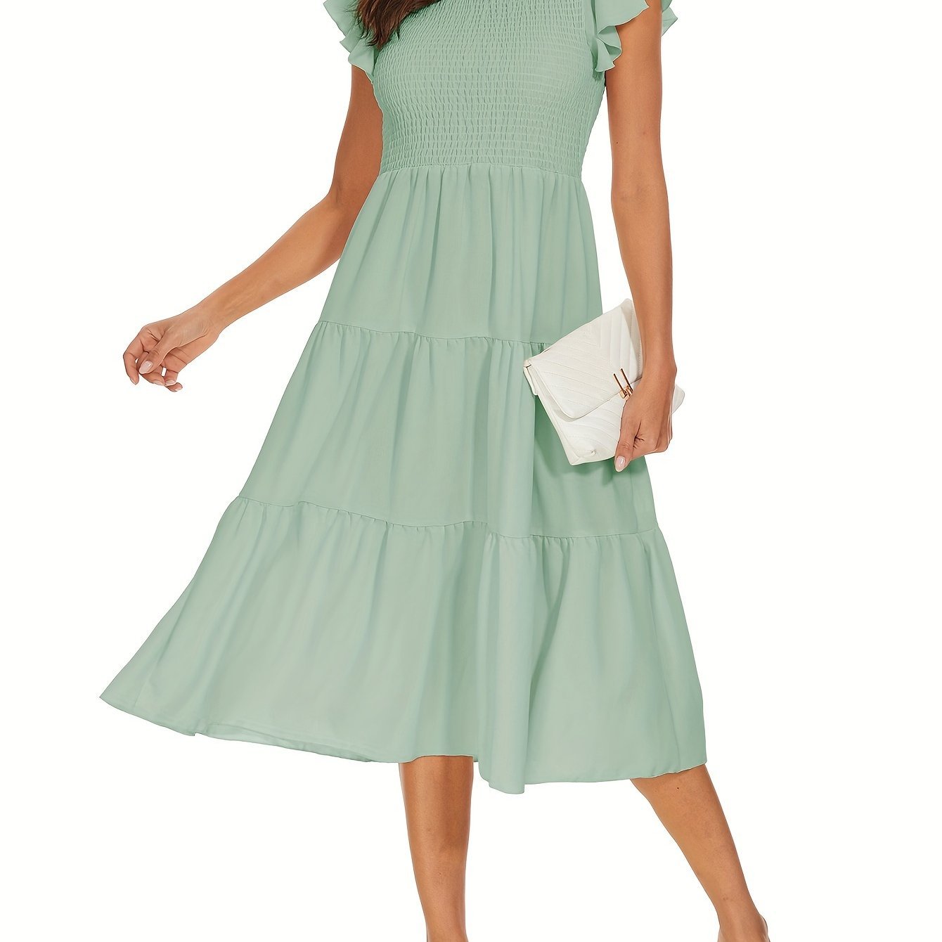 Solid Color Shirred Midi Dress, Elegant Flutter Sleeve Ruffle Hem Dress For Spring & Summer, Women's Clothing