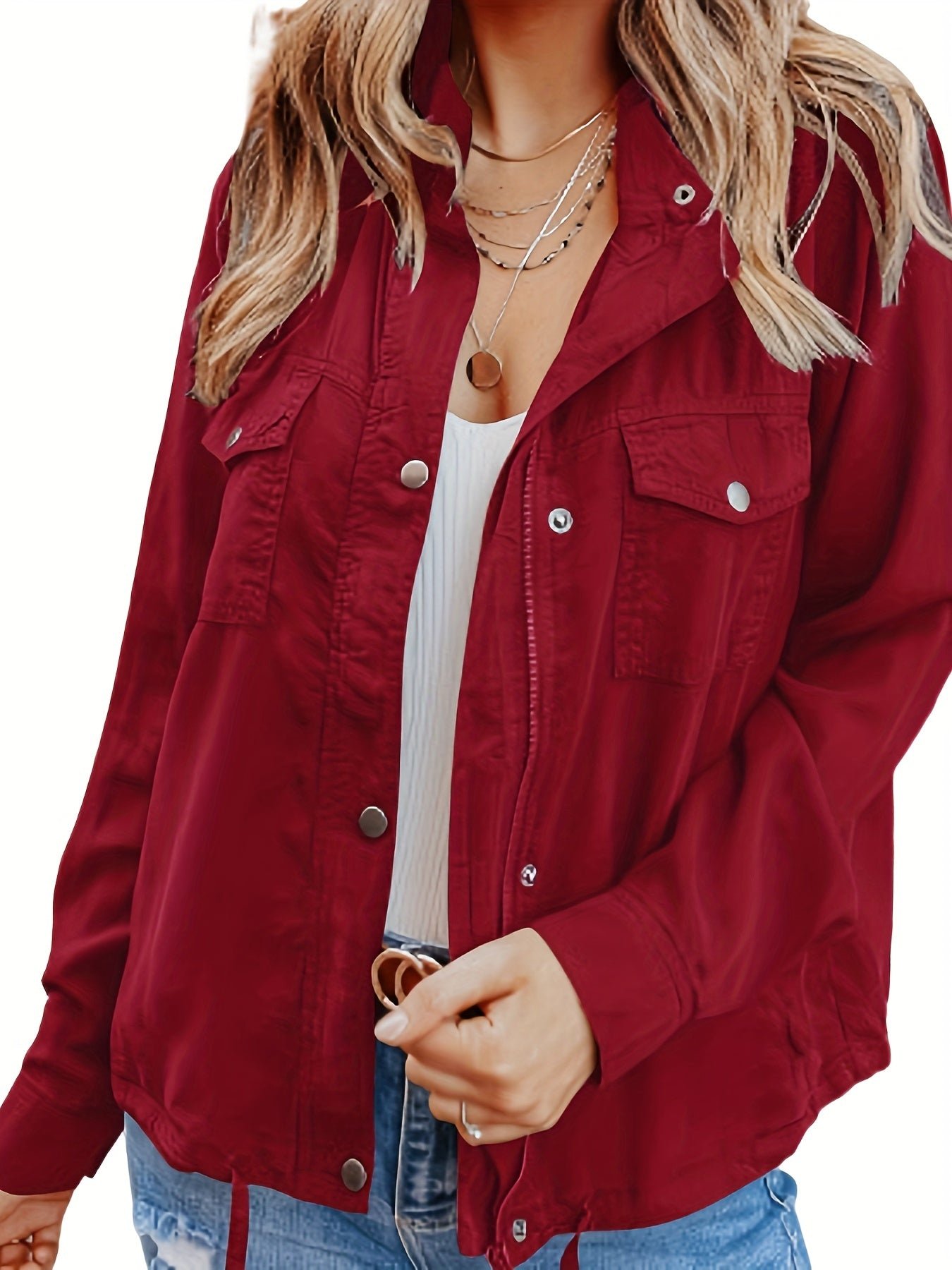 Solid Button Front Jacket, Casual Long Sleeve Zipper Versatile Outerwear, Women's Clothing