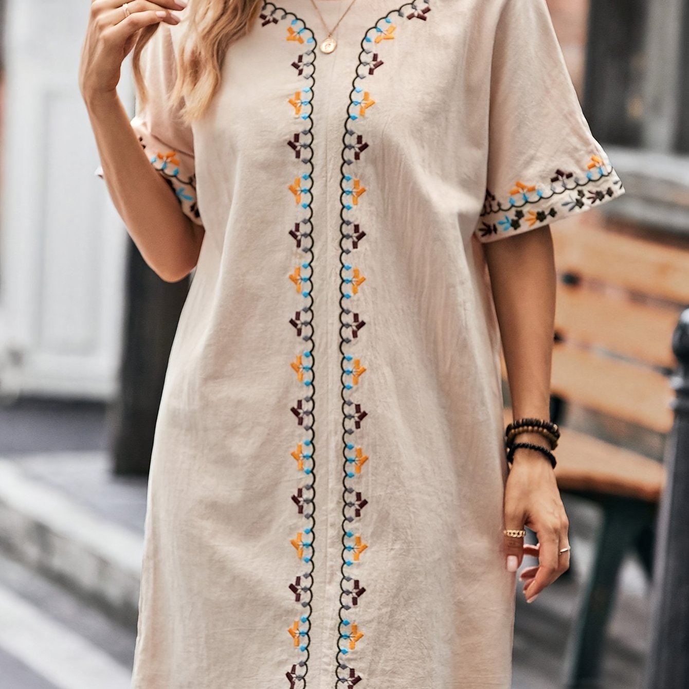 Embroidered Trim Crew Neck Dress, Elegant Simple Short Sleeve Dress For Spring & Summer, Women's Clothing