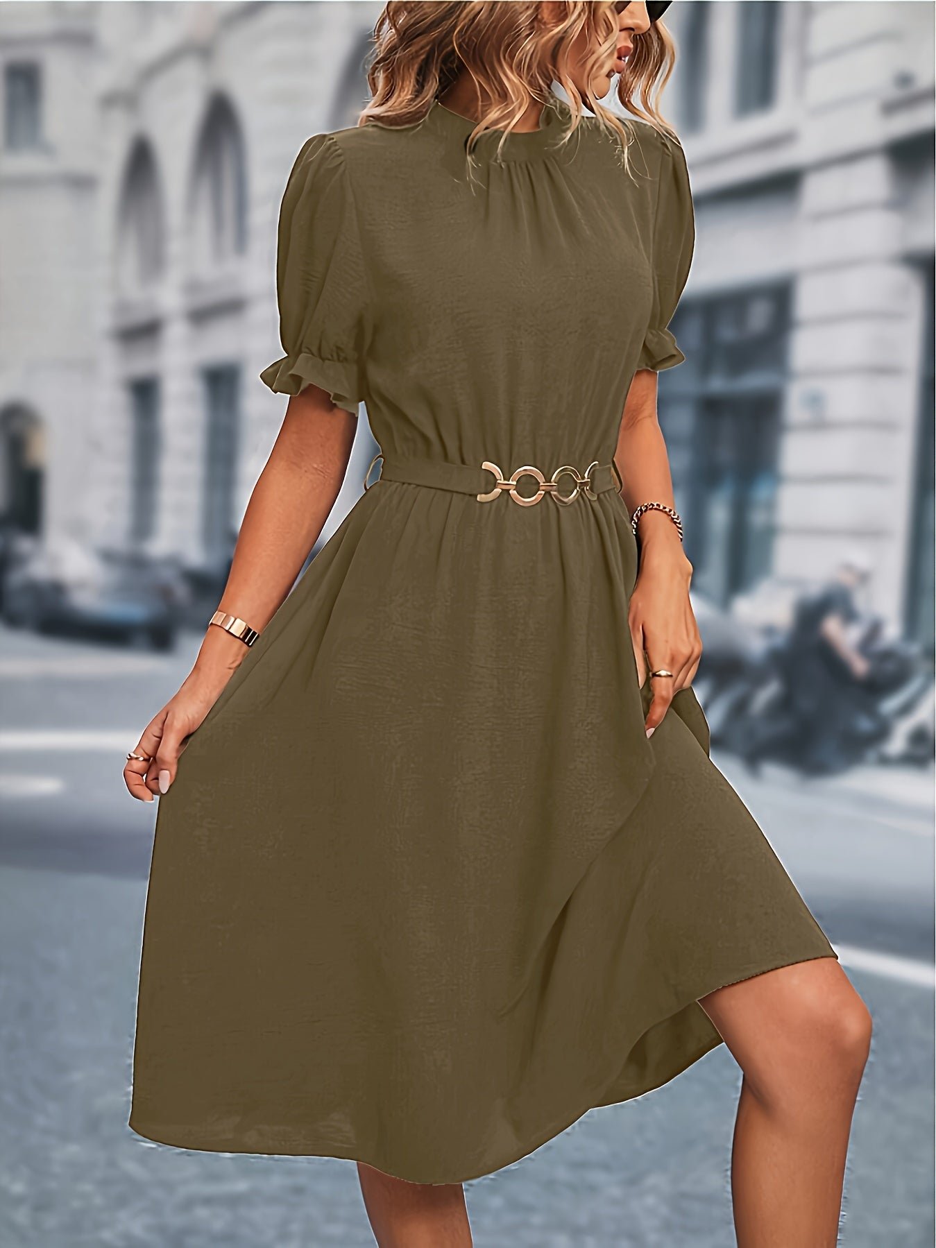 Chain Belted Puff Sleeve Dress, Elegant Summer Mock Neck Knee Length Dress For Spring & Summer, Women's Clothing