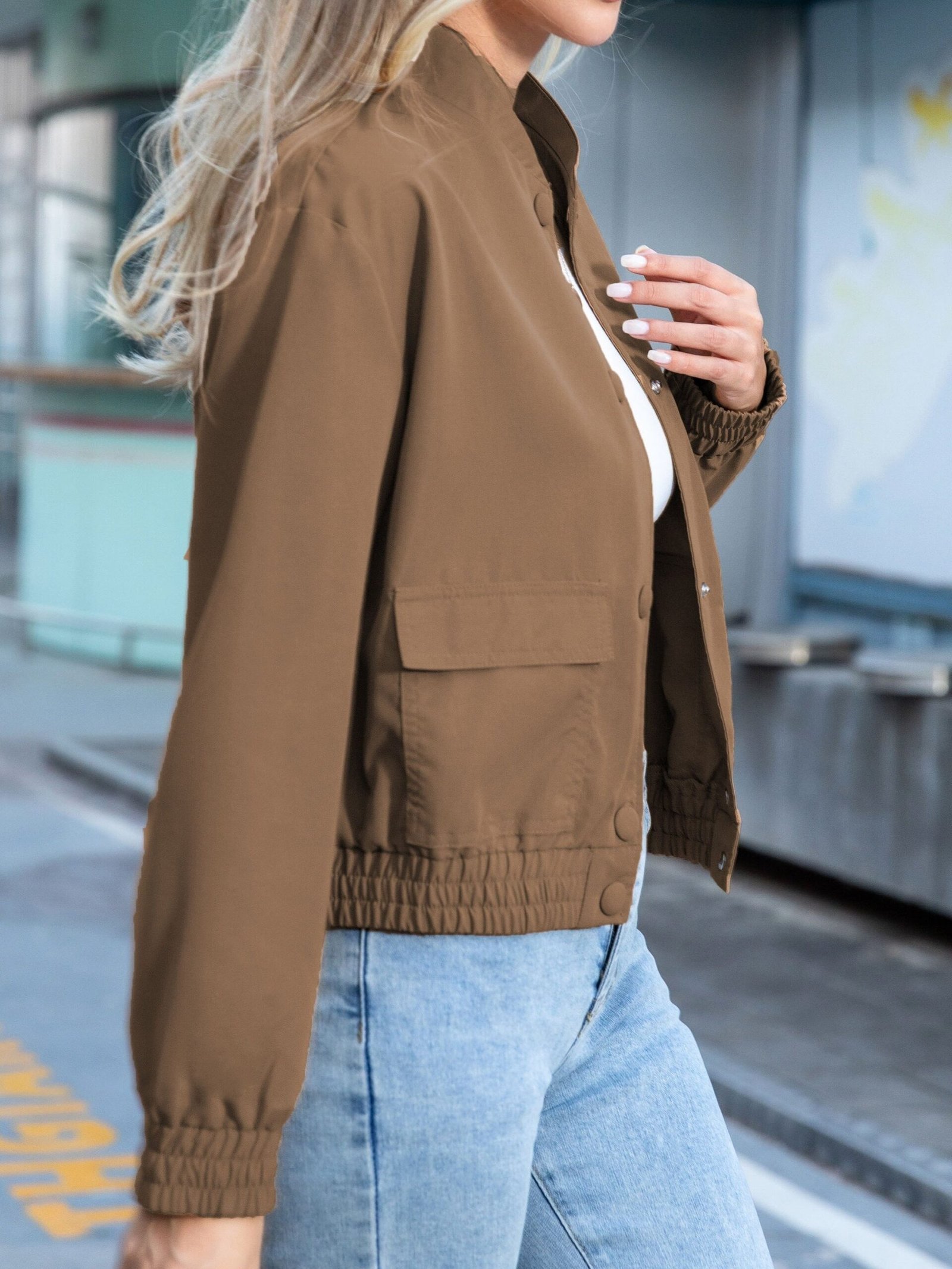 Solid Button Front Bomber Jacket, Casual Long Sleeve Outerwear With Pockets, Women's Clothing