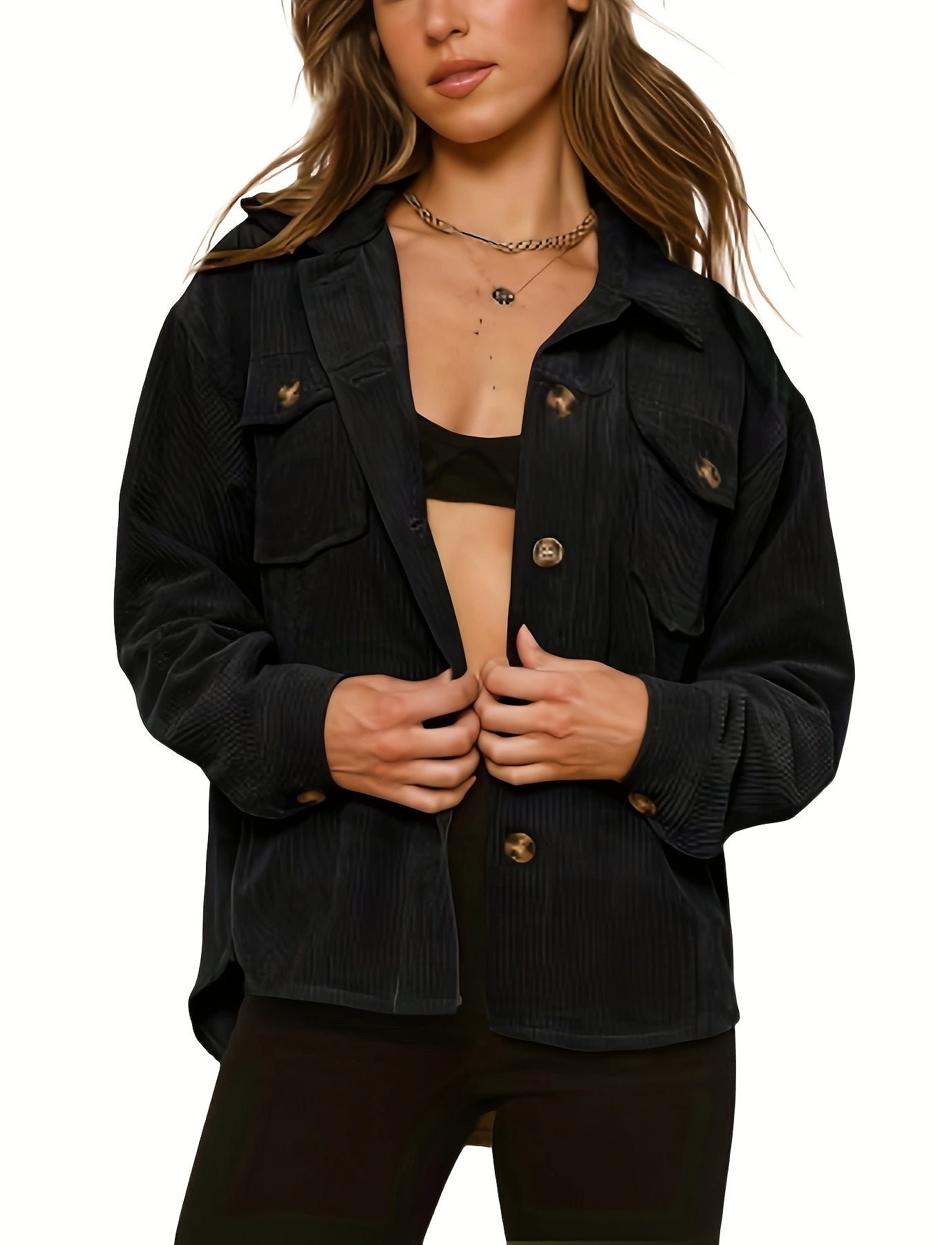 17cccc743089586fdbf408c31fe8aae5-1 Solid Button Front Jacket, Casual Long Sleeve Collar Outerwear, Women's Clothing