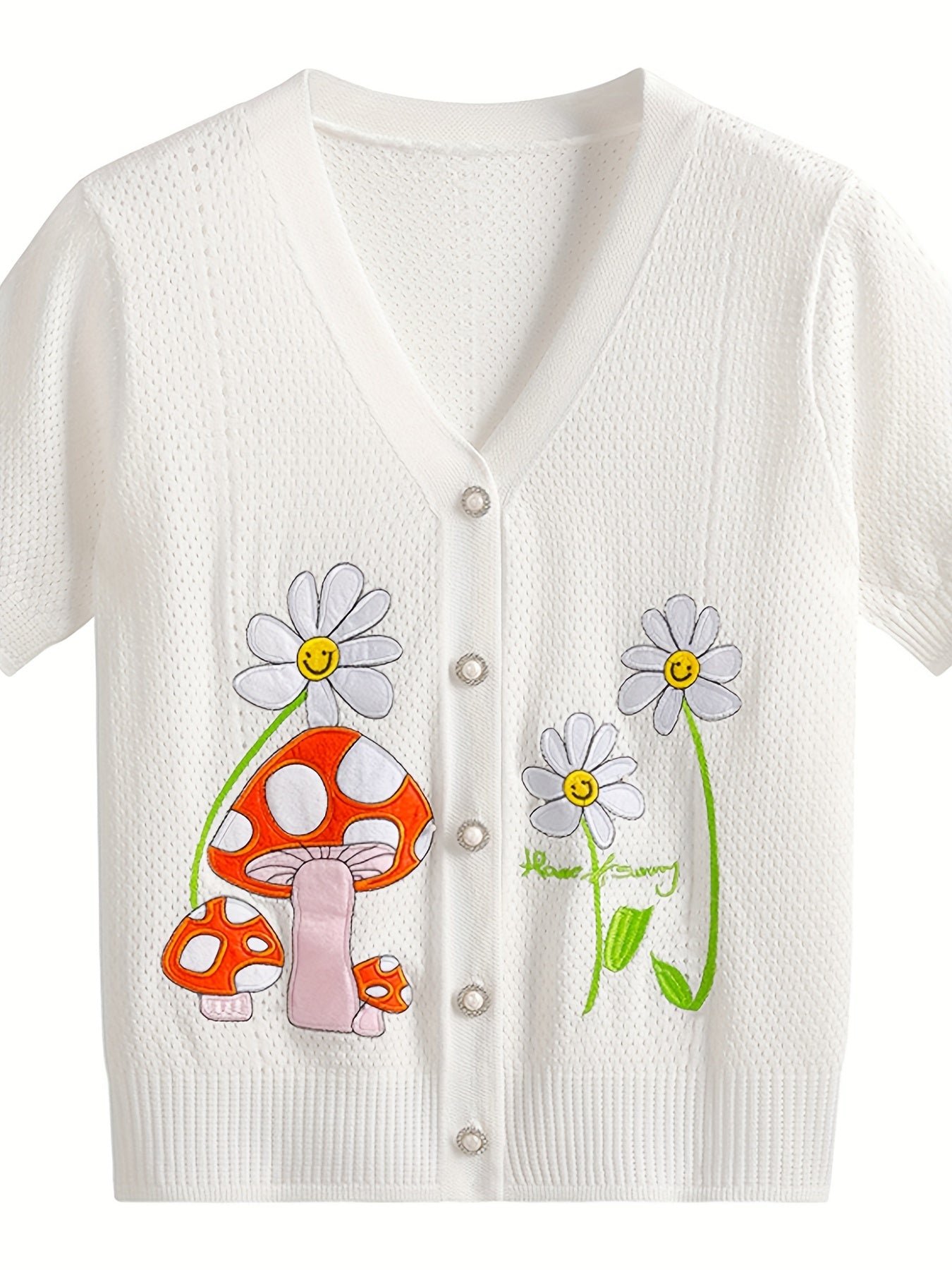 Floral & Mushroom Pattern V Neck Cardigan, Casual Beaded Button Short Sleeve Sweater For Spring & Summer, Women's Clothing