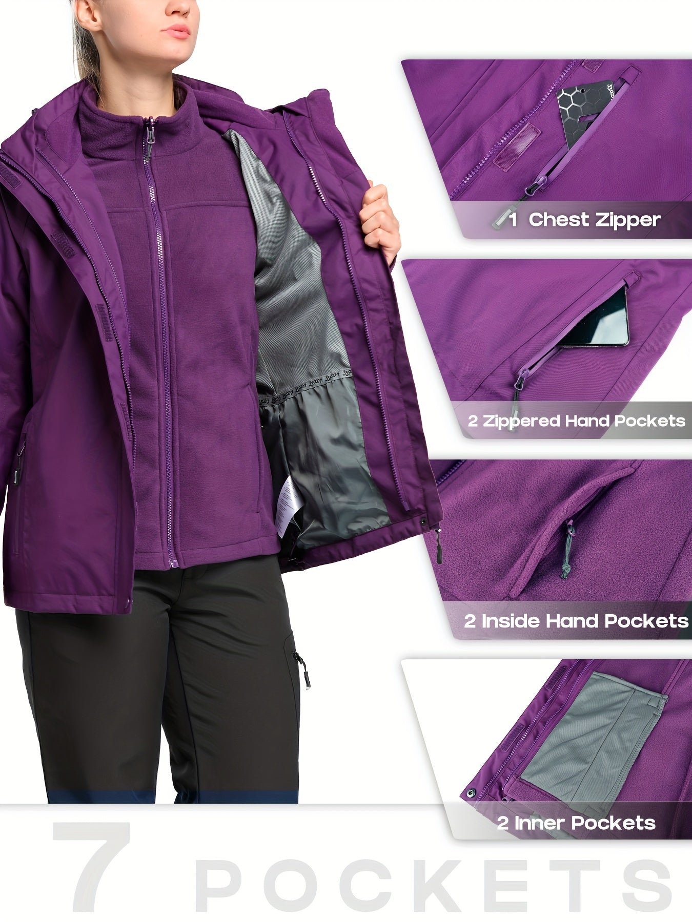 Solid Color Thermal Windproof Hooded Jacket, Zipper Pocket Waterproof Warm Jacket Coat For Fall & Winter, Women's Clothing