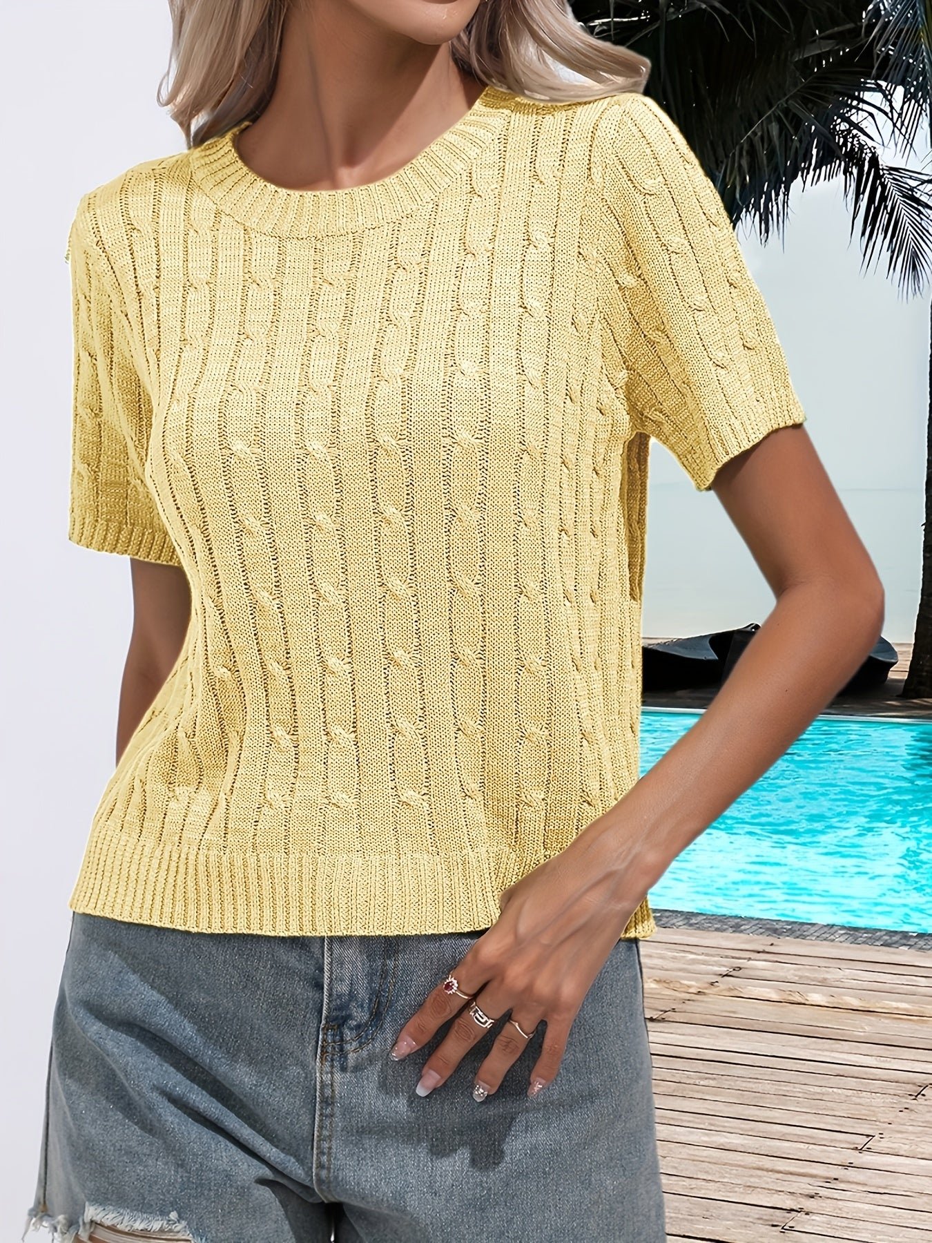 1d28ae01-5721-4379-a24f-0275d2ef18cd-1 Cable Knitted Crew Neck Sweater, Casual Short Sleeve Pullover Sweater For Spring & Summer, Women's Clothing