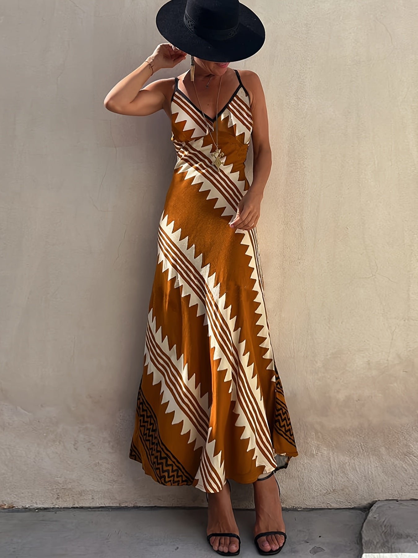 Ethnic Print Two Tone Cami Dress, Elegant V Neck Sleeveless Ankle Length Cami Dress For Spring & Summer, Women's Clothing