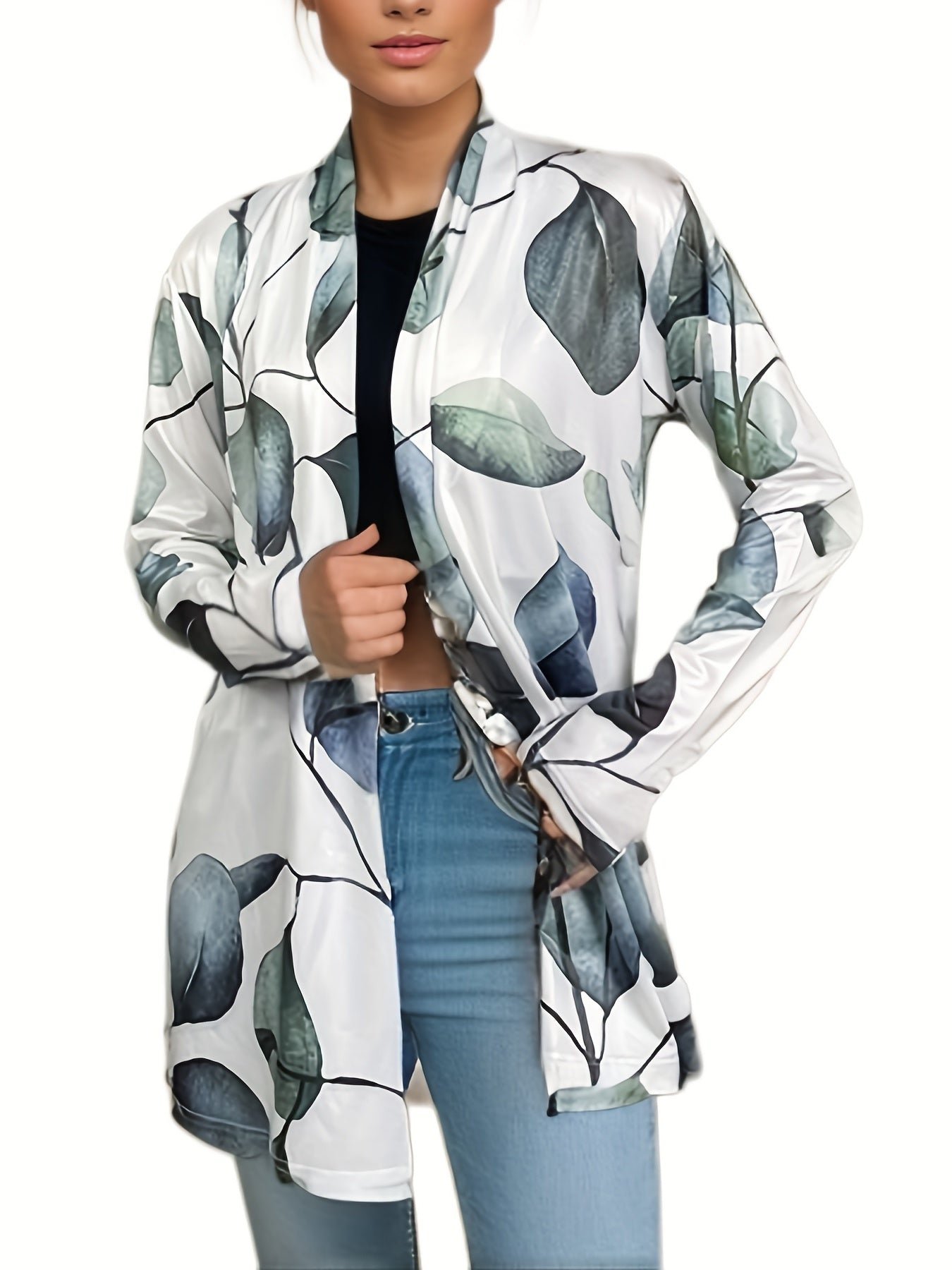 Leaves Print Open Front Cardigan, Versatile Long Sleeve Outwear For Spring & Fall, Women's Clothing