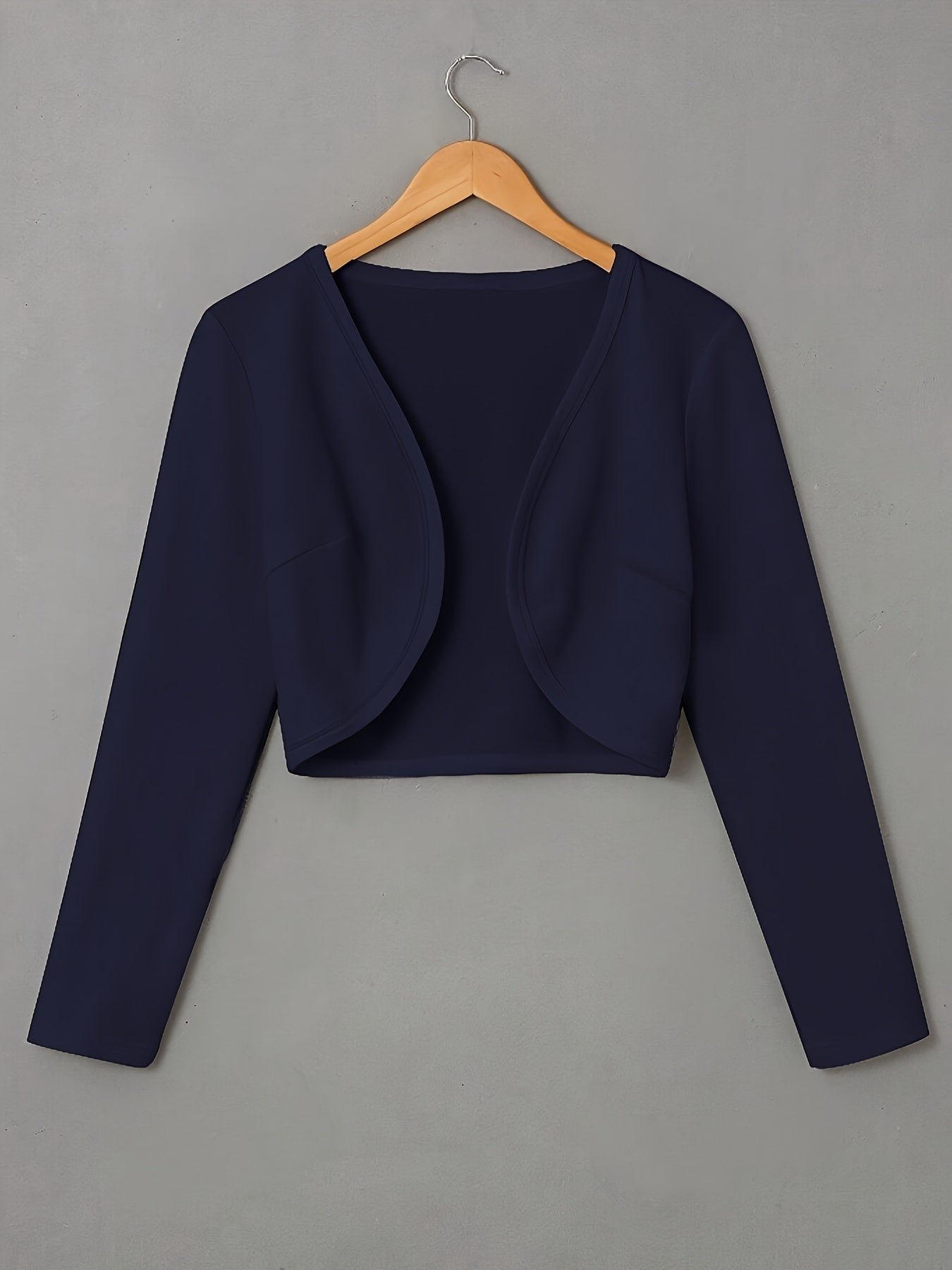 Solid Color Open Front Crop Jacket, Versatile Long Sleeve Outwear For Spring & Fall, Women's Clothing