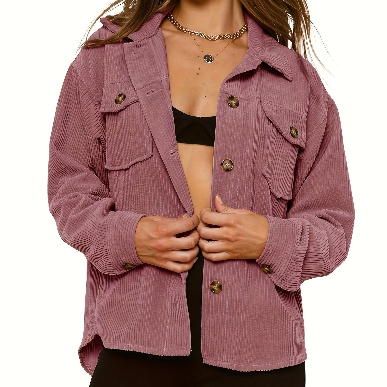 Solid Button Front Jacket, Casual Long Sleeve Collar Outerwear, Women's Clothing