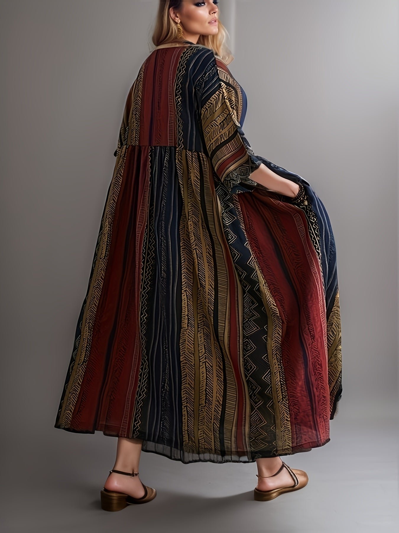 Plus Size Colorblock Stripe Print Loose Dress, Casual Short Sleeve Ruched Dress For Spring & Summer, Women's Plus Size Clothing