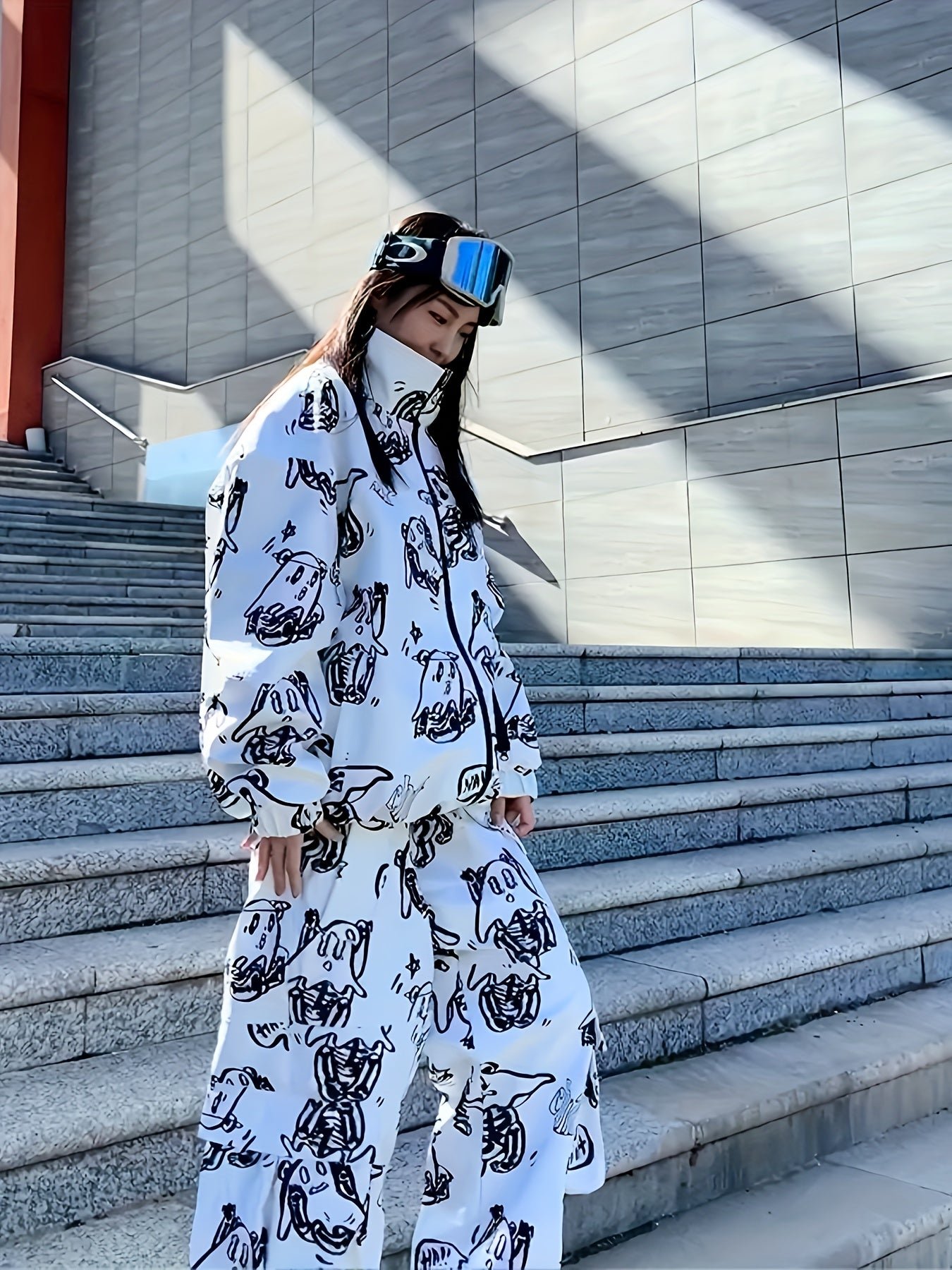 2660fa77-ee3a-48f1-82d1-084f5c580267 Ski Suit, Ghost Print Windproof Waterproof Warm Ski Jacket & Ski Pants Suit, Women's Activewear