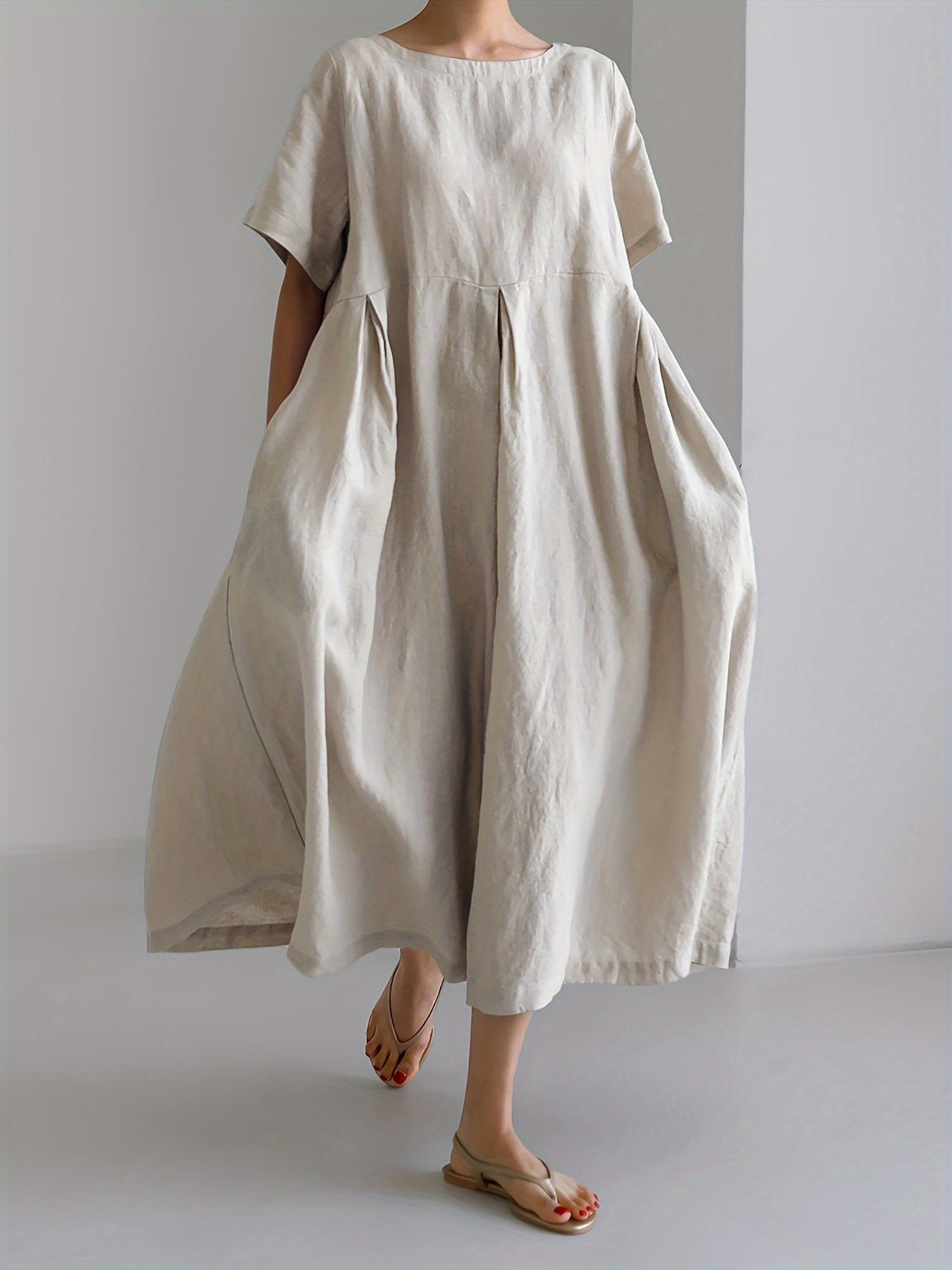 Solid Color Crew Neck Loose Dress, Elegant Short Sleeve Simple Dress For Spring & Summer, Women's Clothing