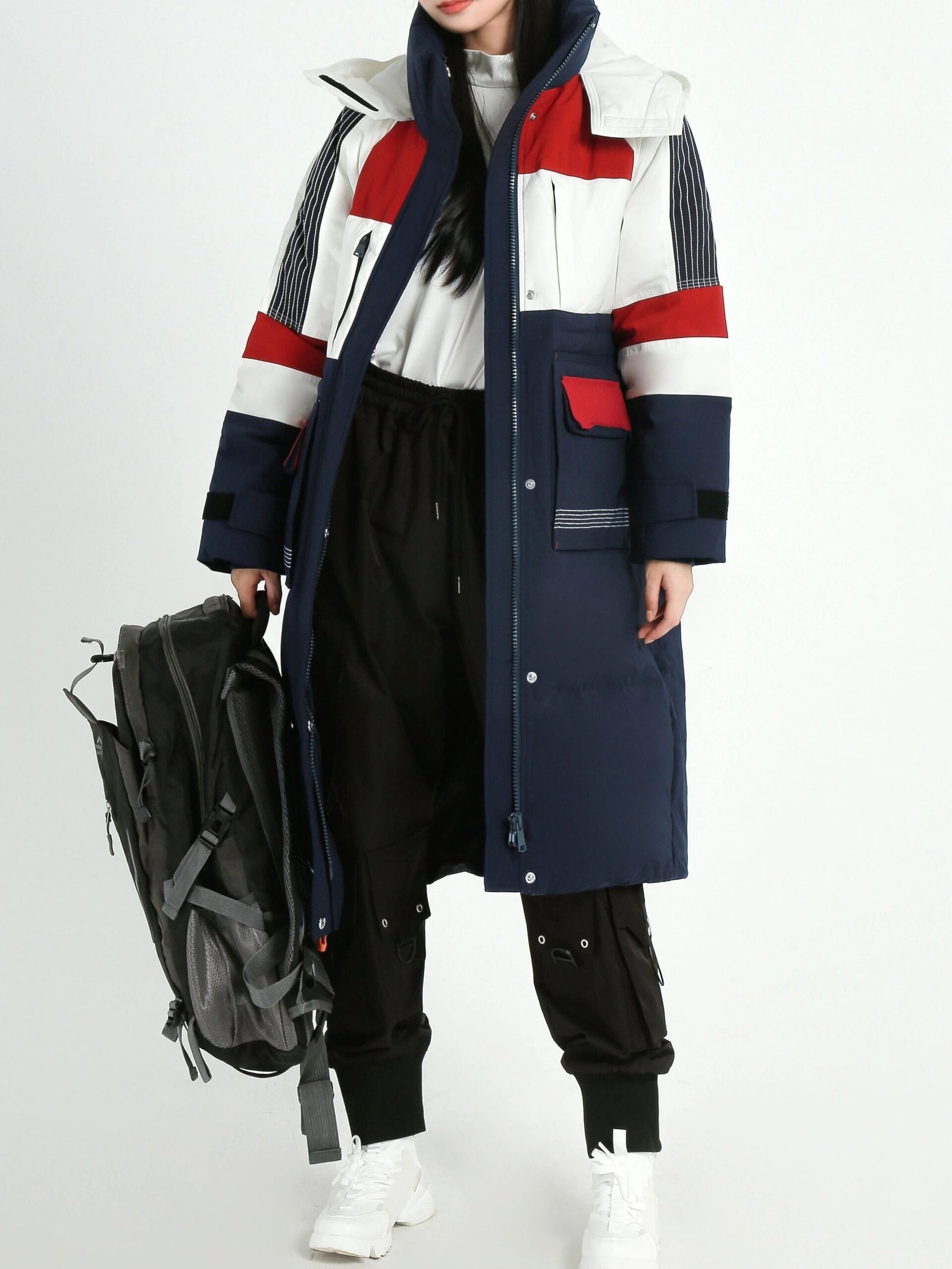 Color Block Hooded Down Jacket, Casual Stand Collar Long Sleeve Winter Warm Outerwear, Women's Clothing