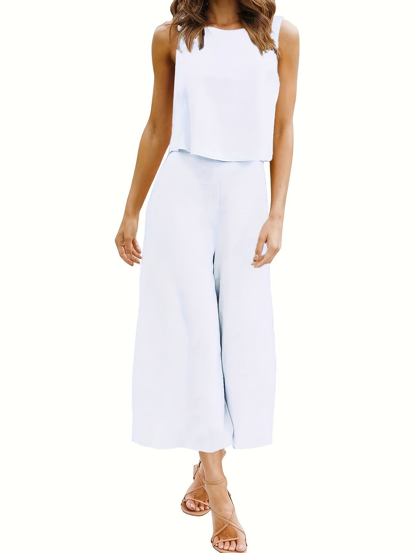 Casual Solid Two-piece Set, Crew Neck Tank Top & Wide Leg Pants Outfits, Women's Clothing