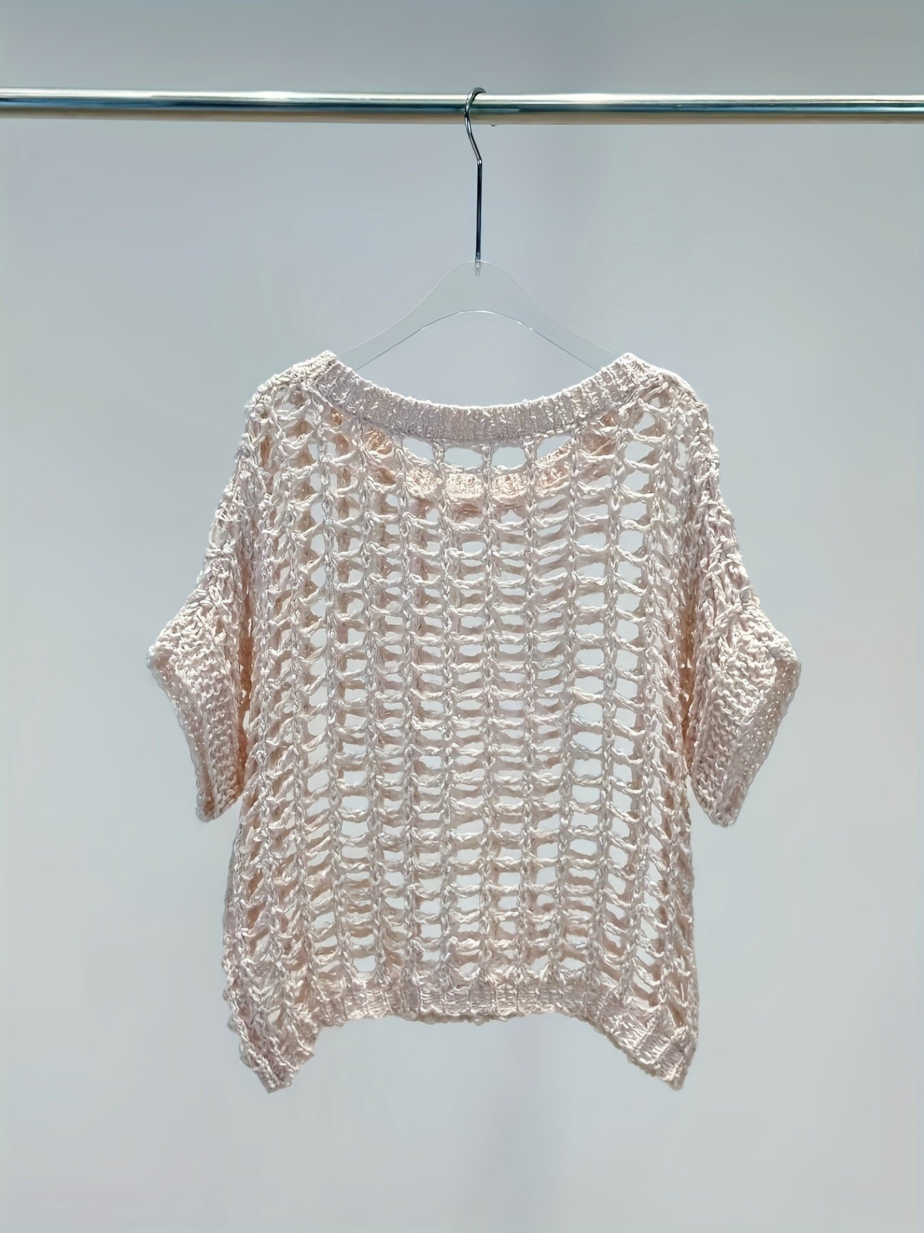 Hollow Out Crochet Crew Neck Sweater, Casual Short Sleeve Knit Top For Spring & Summer, Women's Clothing