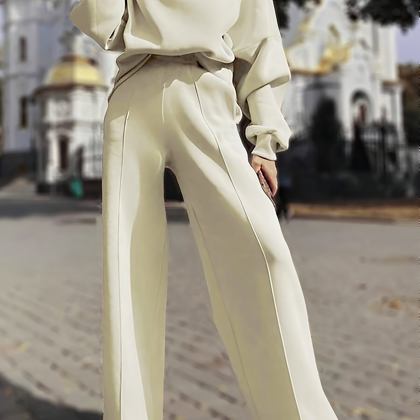 Elegant Pintuck Solid Color Set, Drop Shoulder Long Sleeve Sweatshirt & Straight Leg Pants, Women's Clothing