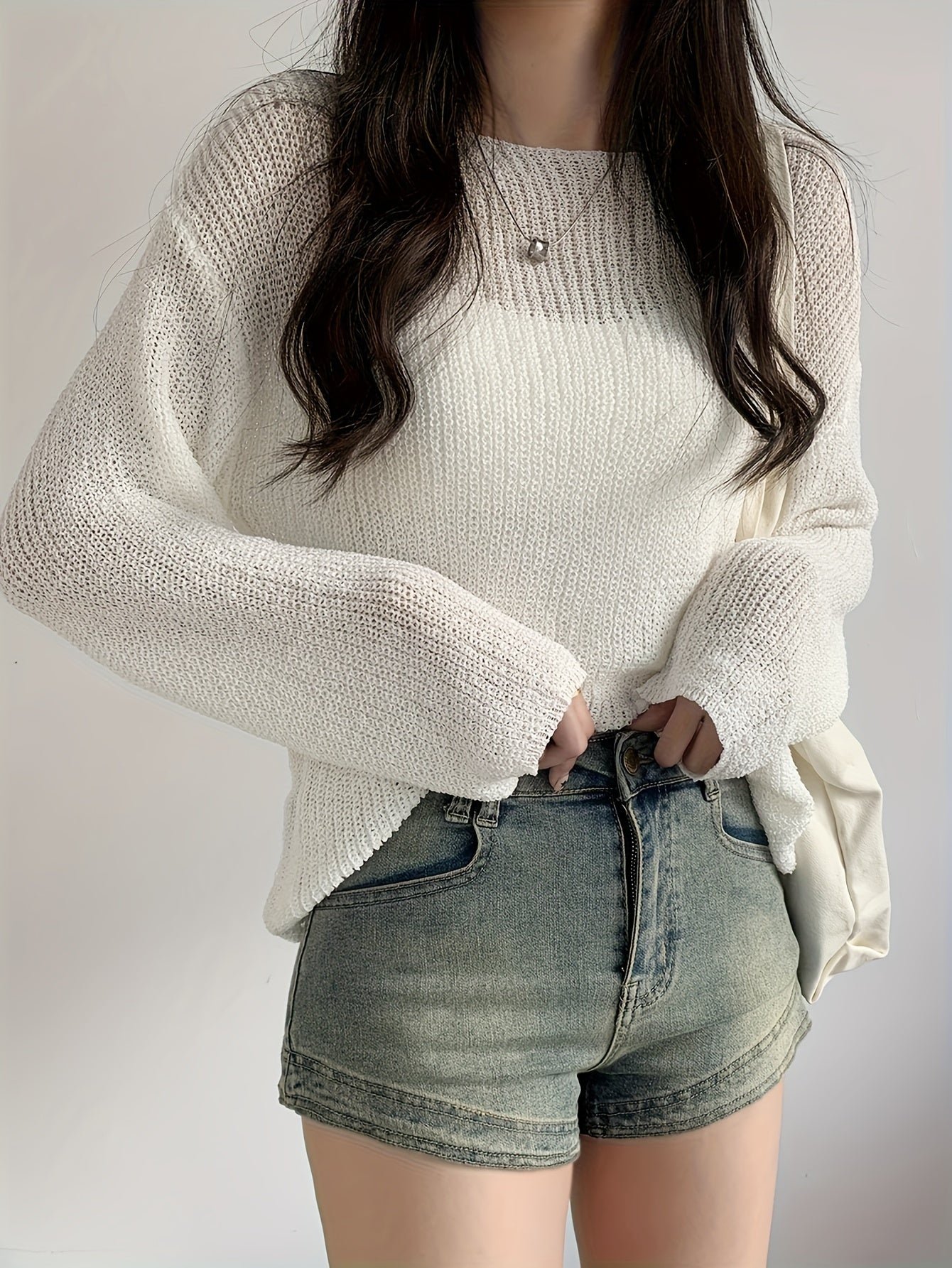 Solid Crew Neck Knitted Top, Casual Long Sleeve Thin Sweater, Women's Clothing