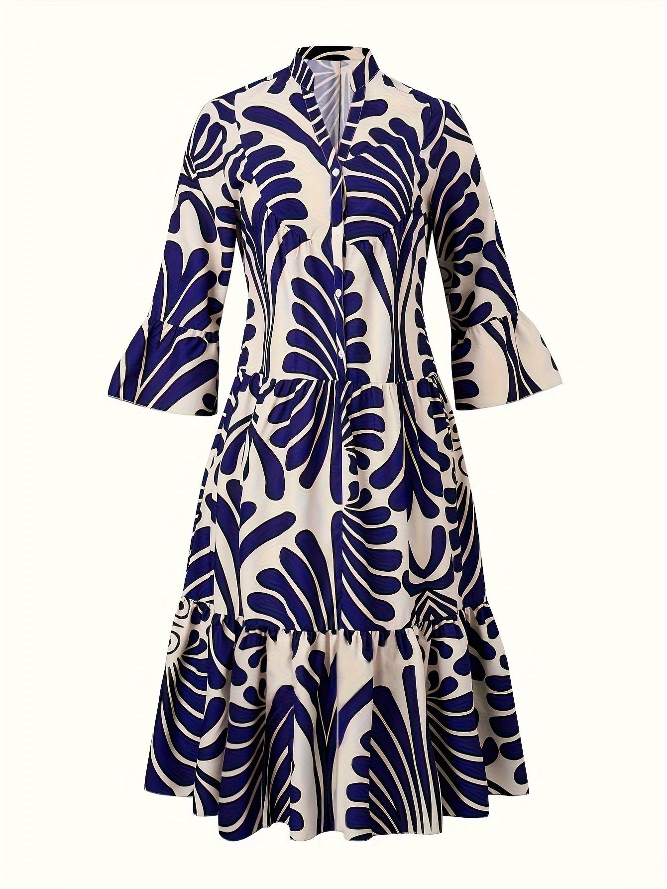 Plus Size All Over Print Tiered Dress, Vacation Button Front 3/4 Sleeve Dress For Spring & Summer, Women's Plus Size Clothing