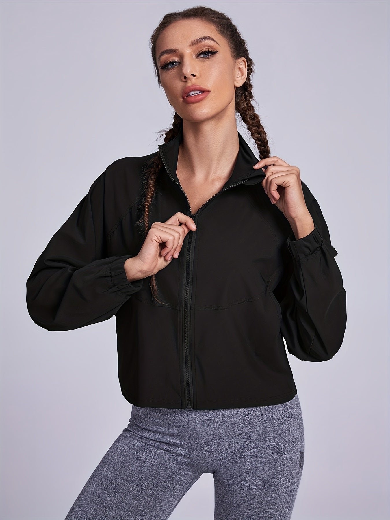 318189c0313f937d8fe81bab4e477541-1 Solid Zipper Front Crop Jacket, Versatile Long Sleeve Jacket For Spring & Fall, Women's Clothing