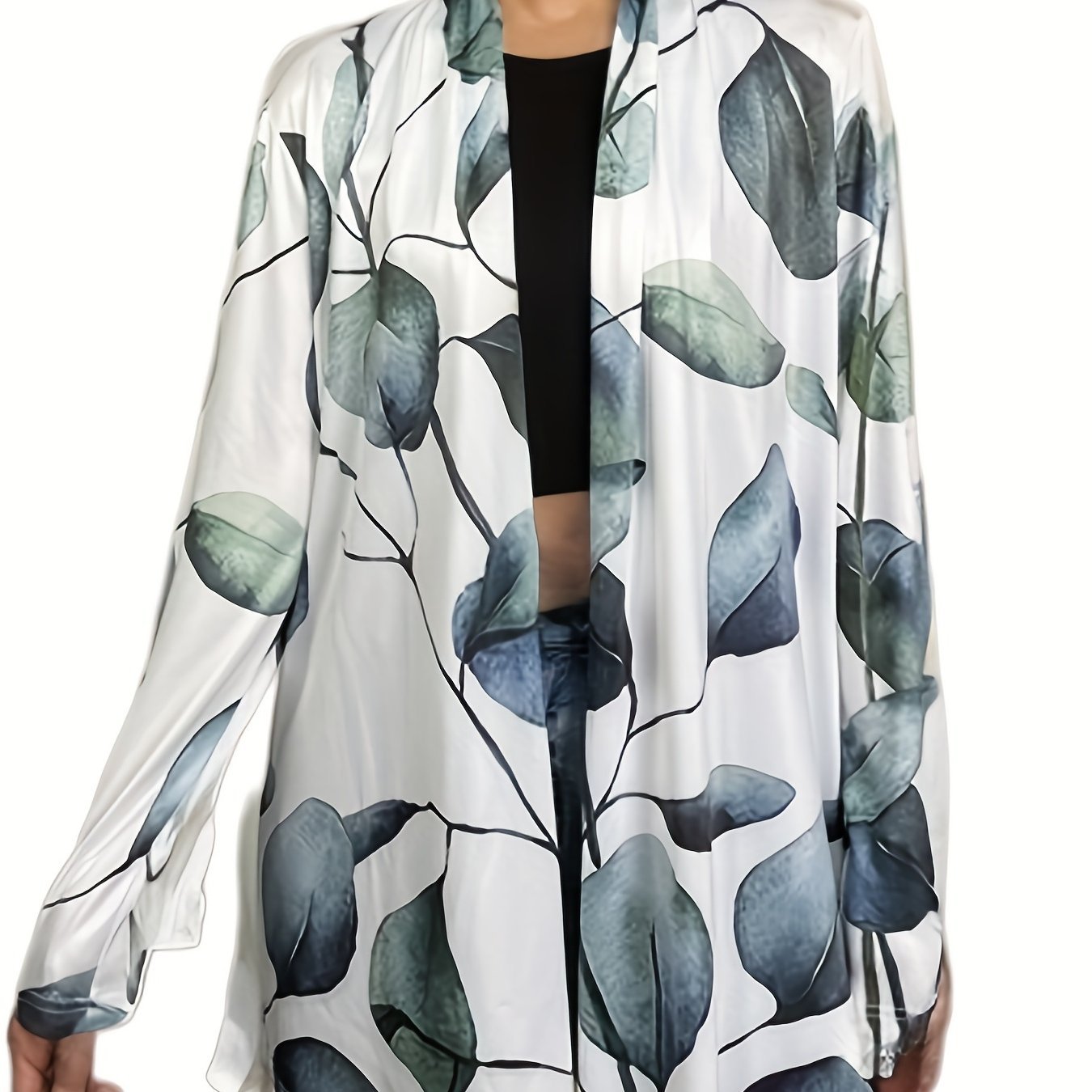Leaves Print Open Front Cardigan, Versatile Long Sleeve Outwear For Spring & Fall, Women's Clothing