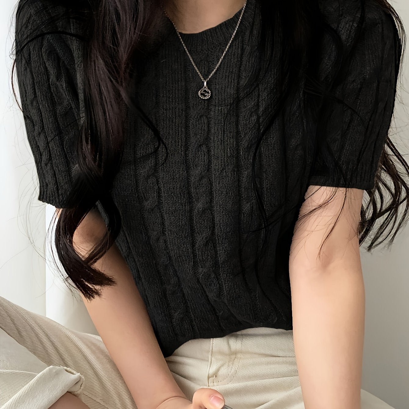 Cable Knit Pullover Sweater, Casual Short Sleeve Knitted Sweater For Spring & Summer, Women's Clothing