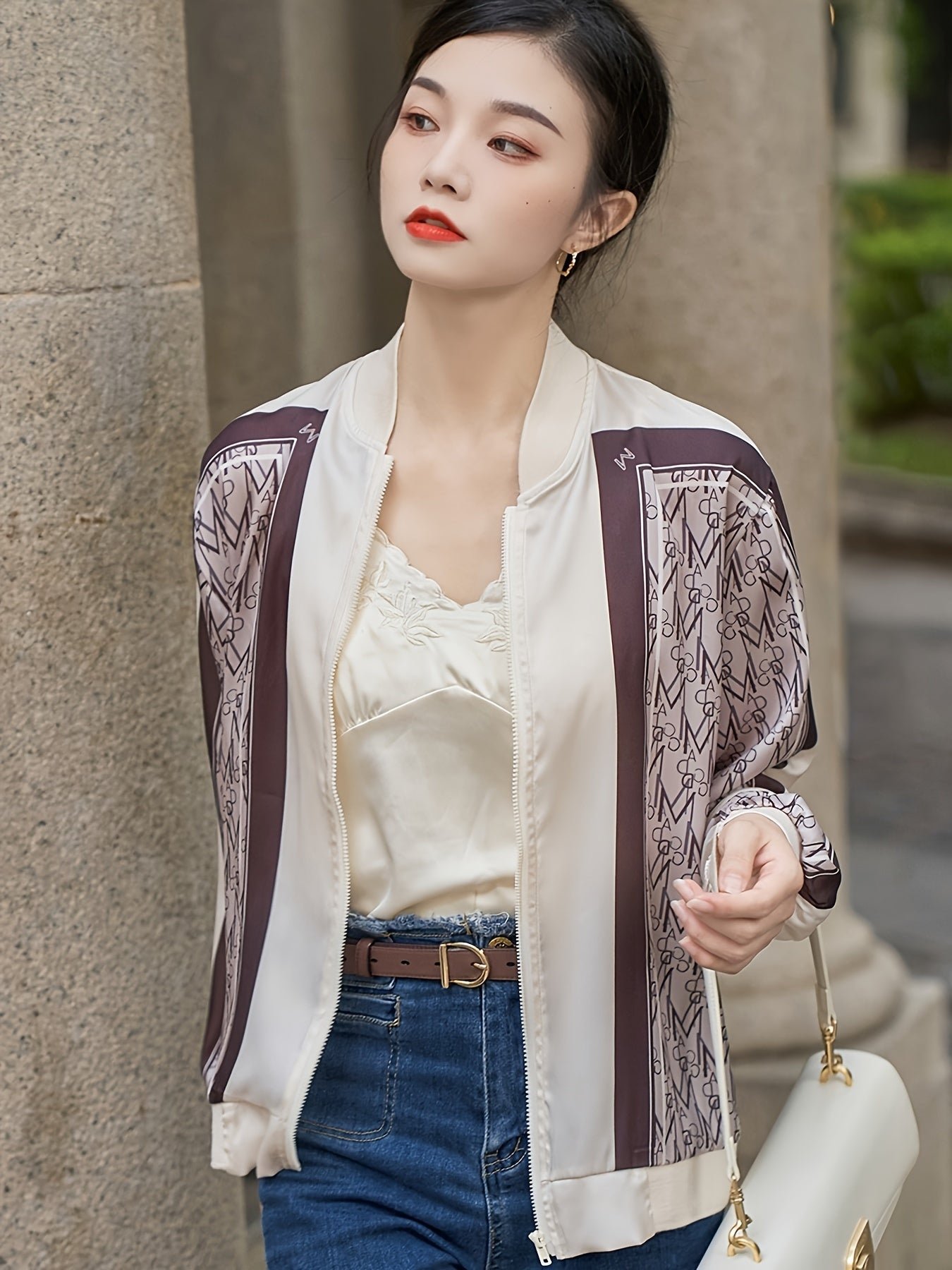 Allover Zip Up Jacket, Casual Long Sleeve Jacket For Spring & Fall, Women's Clothing