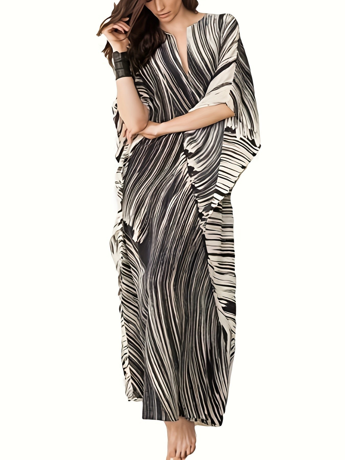 Plus Size Striped Notched Neck Coverup Dress, Vacation Batwing Sleeve Maxi Dress For Beachwear, Women's Clothing