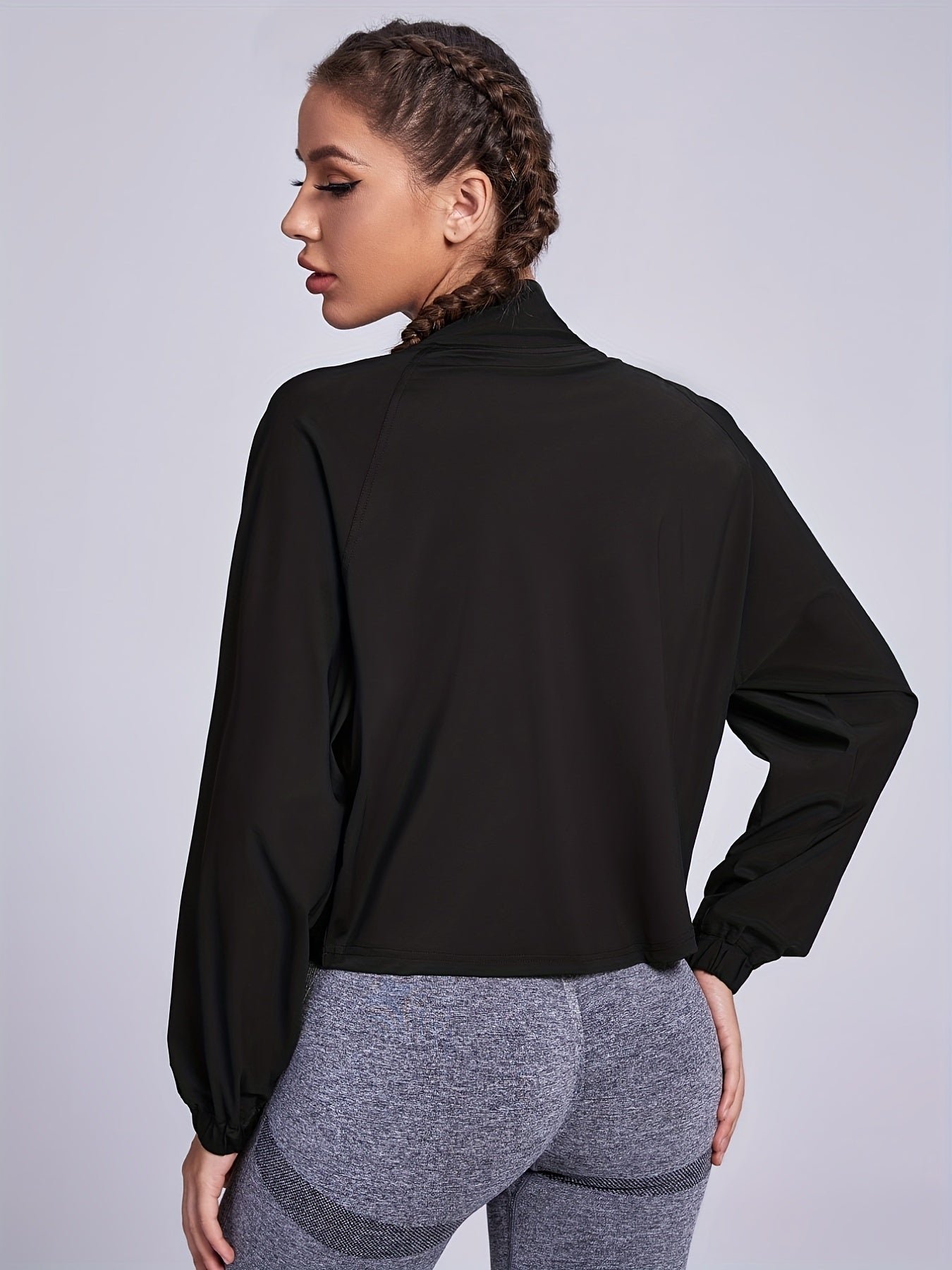 Solid Zipper Front Crop Jacket, Versatile Long Sleeve Jacket For Spring & Fall, Women's Clothing