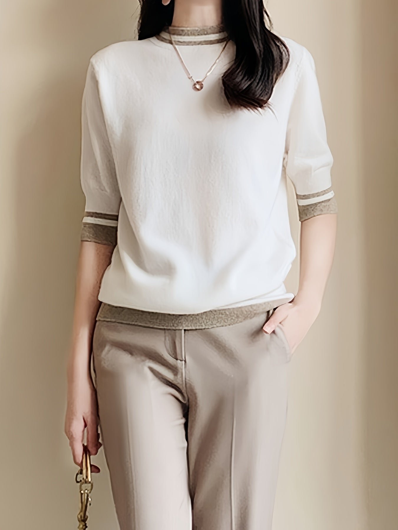 3f6f623a-48f3-41f2-b853-70e449820086-1 Contrast Trim Mock Neck Sweater, Casual Half Sleeve Pullover Sweater For Spring & Summer, Women's Clothing