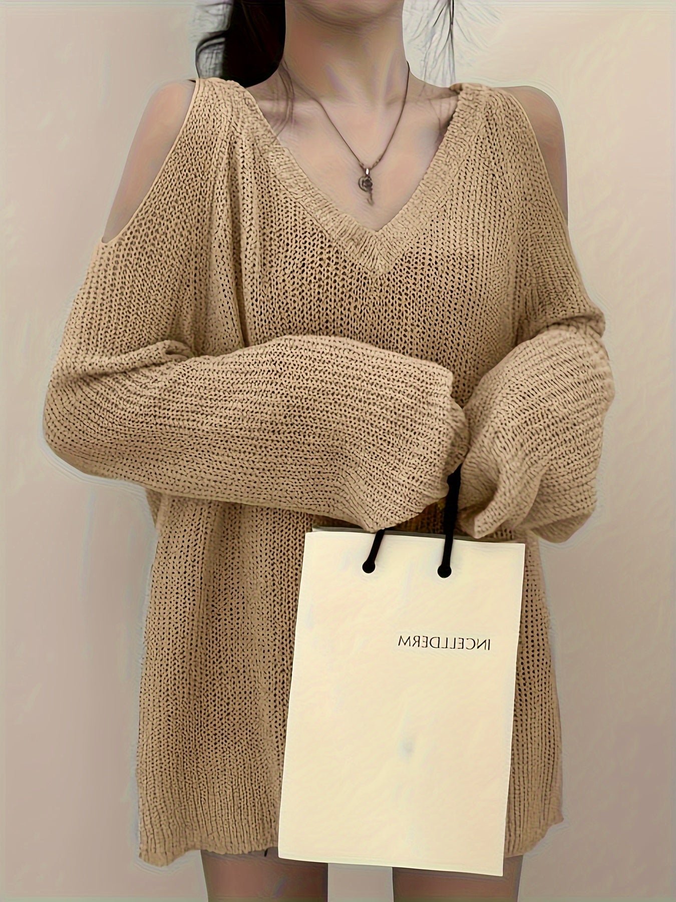 3f92ff35-fe78-406c-b240-f8c12e2aed58-1 Solid Color V Neck Pullover Sweater, Y2K Long Sleeve Cut Out Knitted Sweater For Spring & Summer, Women's Clothing