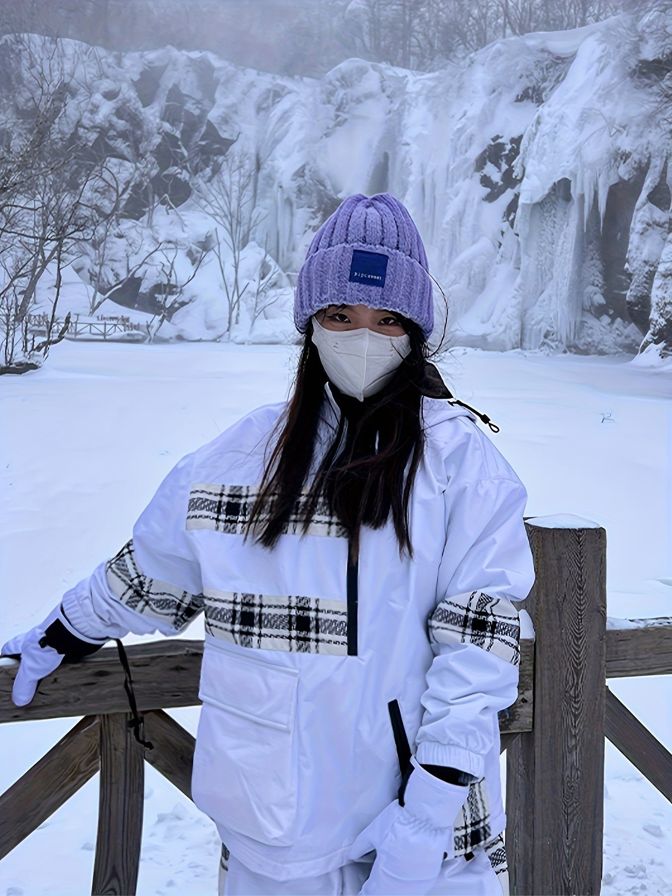 Ski Suit, Windproof And Waterproof Plaid Splicing Ski Top & Ski Pants, Women's Activewear