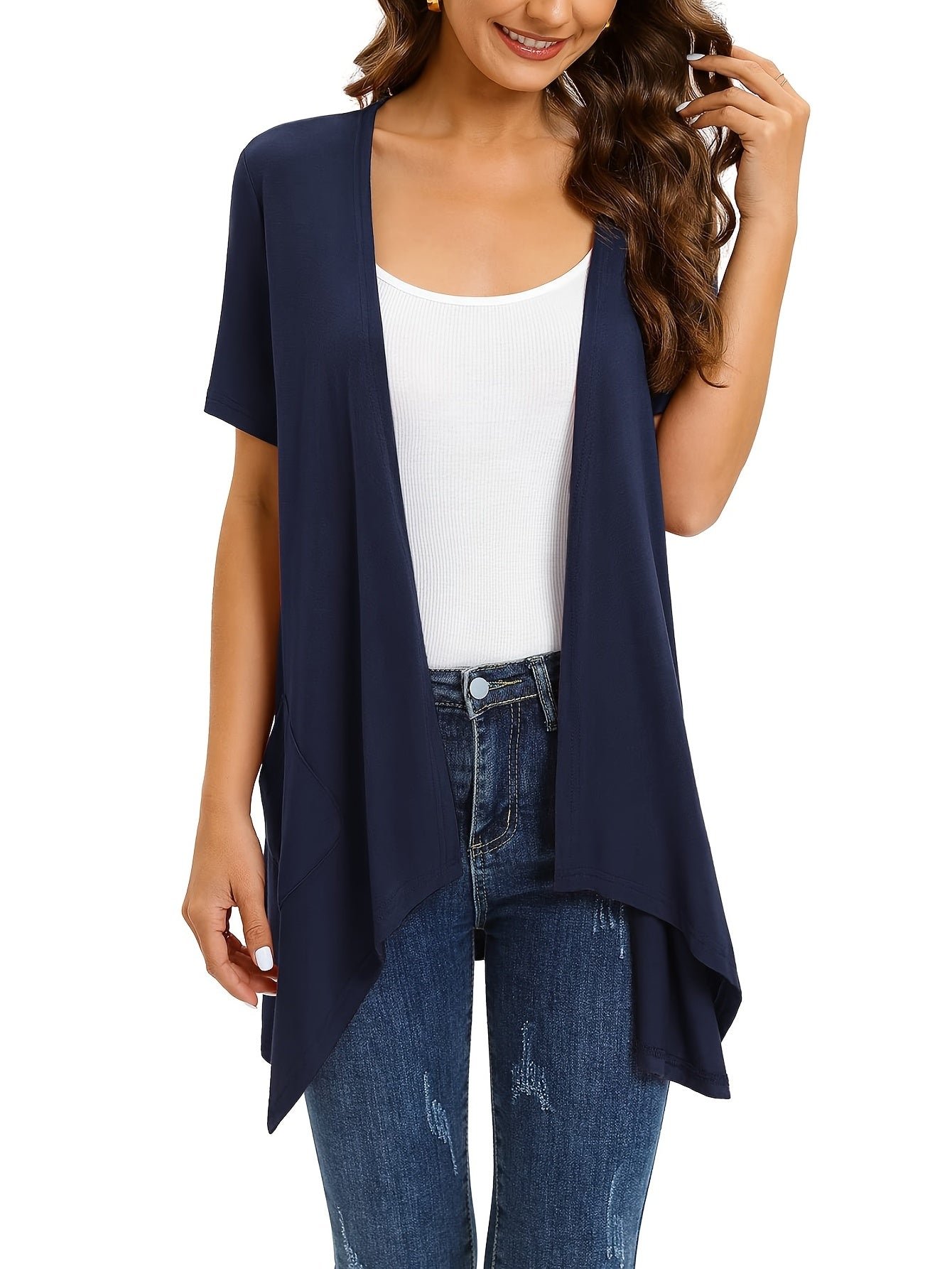 Dual Pockets Open Front Coat, Casual Short Sleeve Coat For Spring & Summer, Women's Clothing