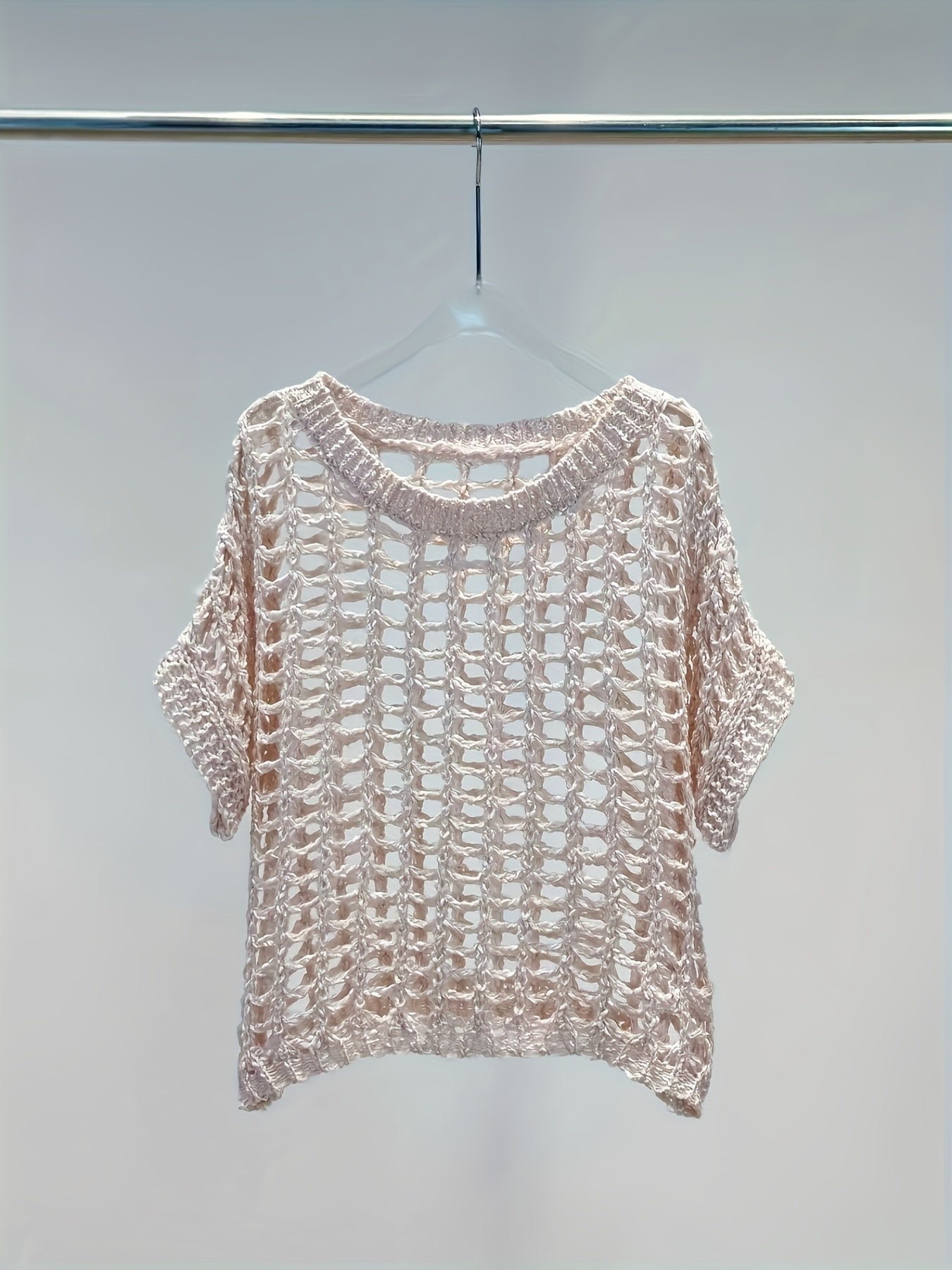 417225b8-e65a-4ec1-bdf3-af7c92ca42a6-1 Hollow Out Crochet Crew Neck Sweater, Casual Short Sleeve Knit Top For Spring & Summer, Women's Clothing