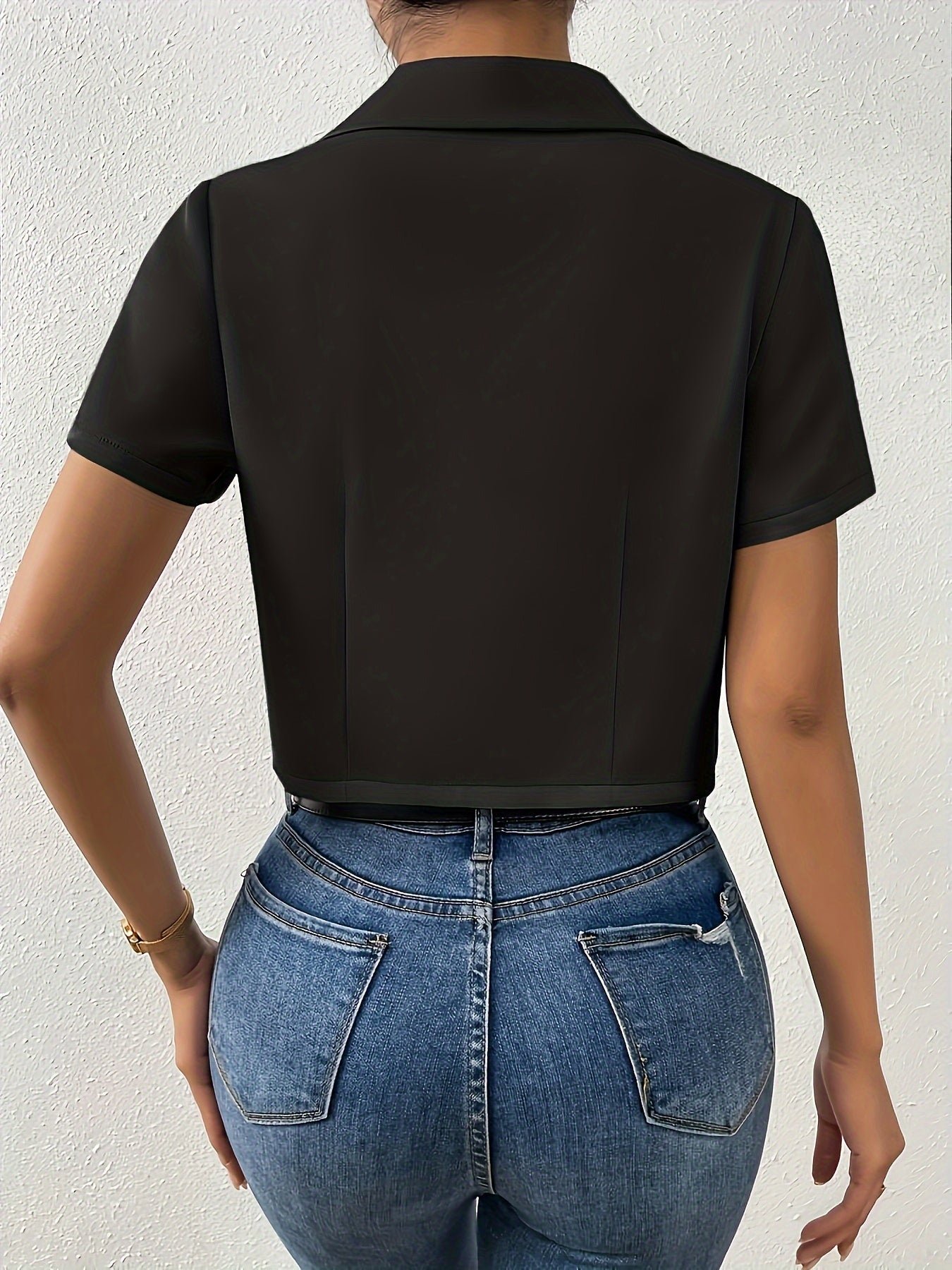 Solid Color Button Crop Jacket, Chic Lapel Neck Short Sleeve Jacket For Spring & Summer, Women's Clothing