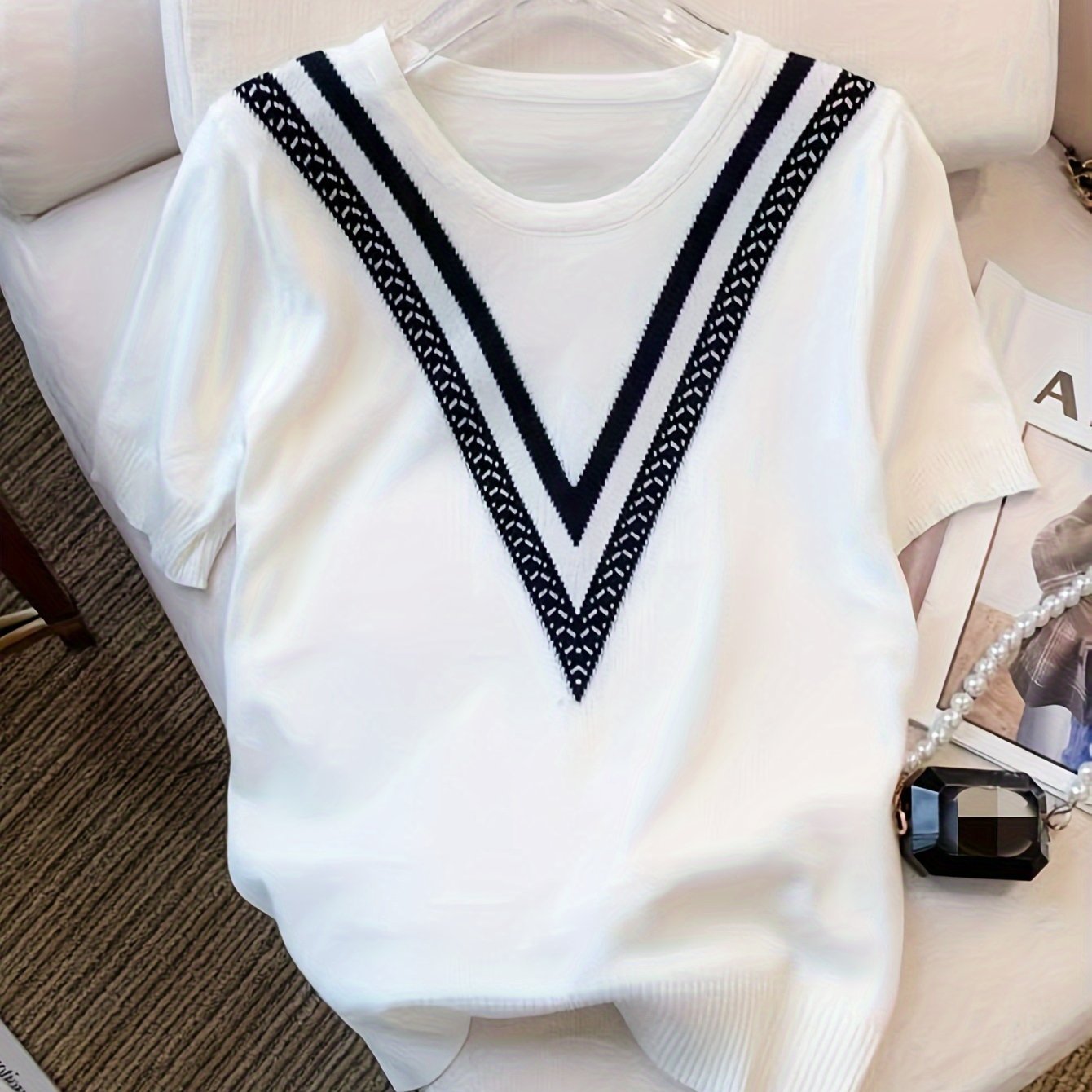 Color Block Crew Neck Knitted Sweater, Casual Short Sleeve Top For Spring & Summer, Women's Clothing