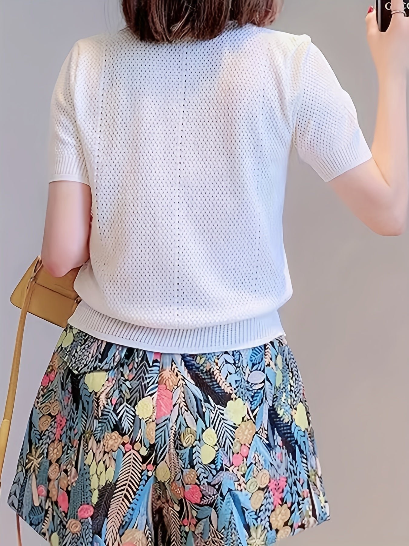 Floral & Mushroom Pattern V Neck Cardigan, Casual Beaded Button Short Sleeve Sweater For Spring & Summer, Women's Clothing
