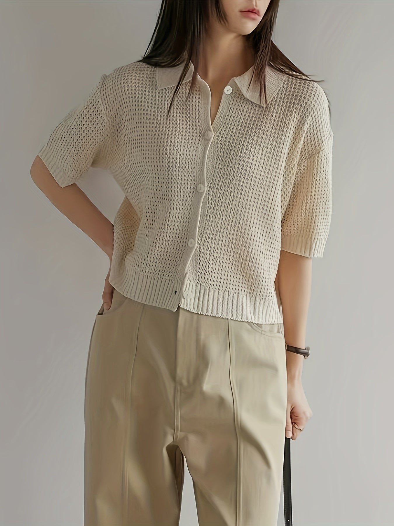 Solid Color Button Front Knit Cardigan, Casual Collared Short Sleeve Cardigan For Spring & Summer, Women's Clothing