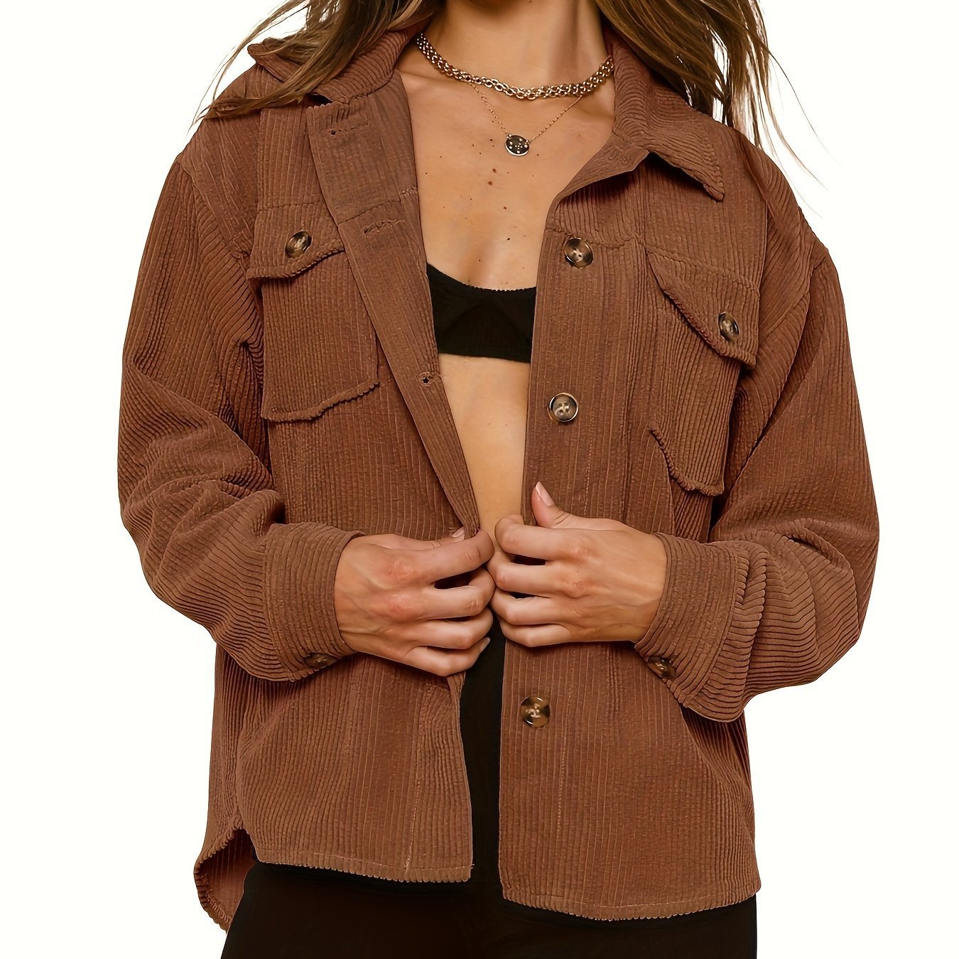 Solid Button Front Jacket, Casual Long Sleeve Collar Outerwear, Women's Clothing