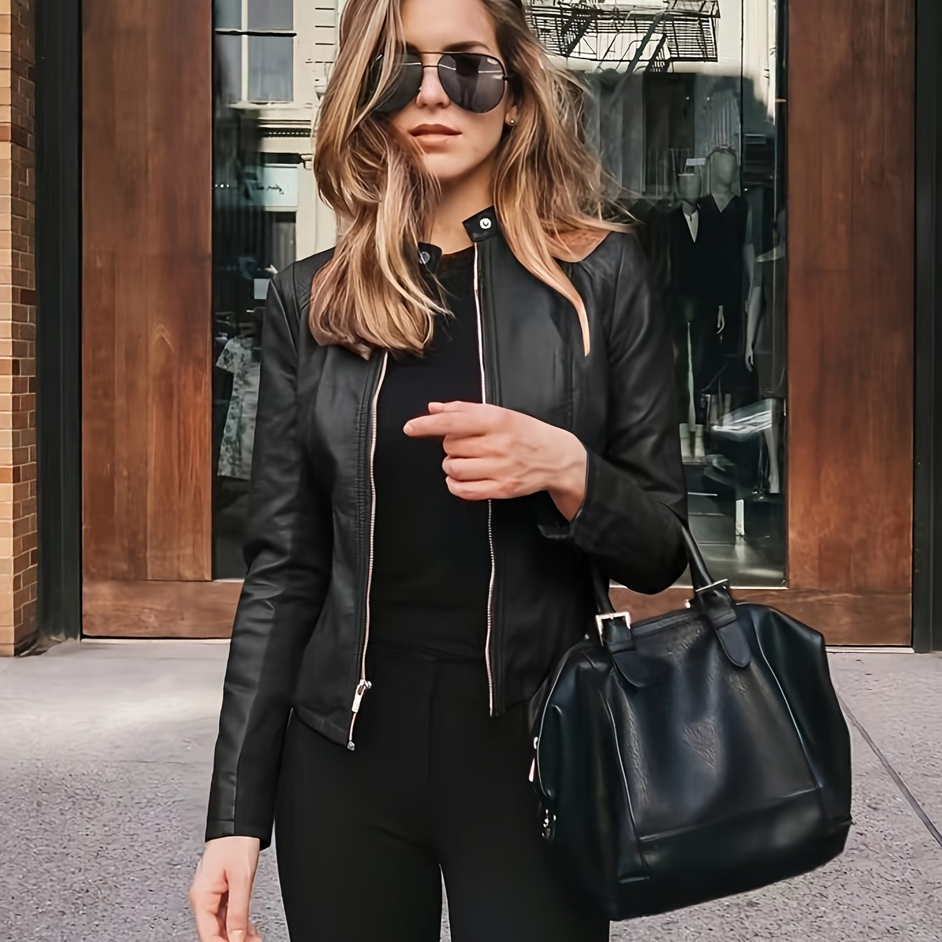 Women's Street Style Chic Coated Stretchy Plain Black Color Jacket With Zipper Pockets And Modern Fit
